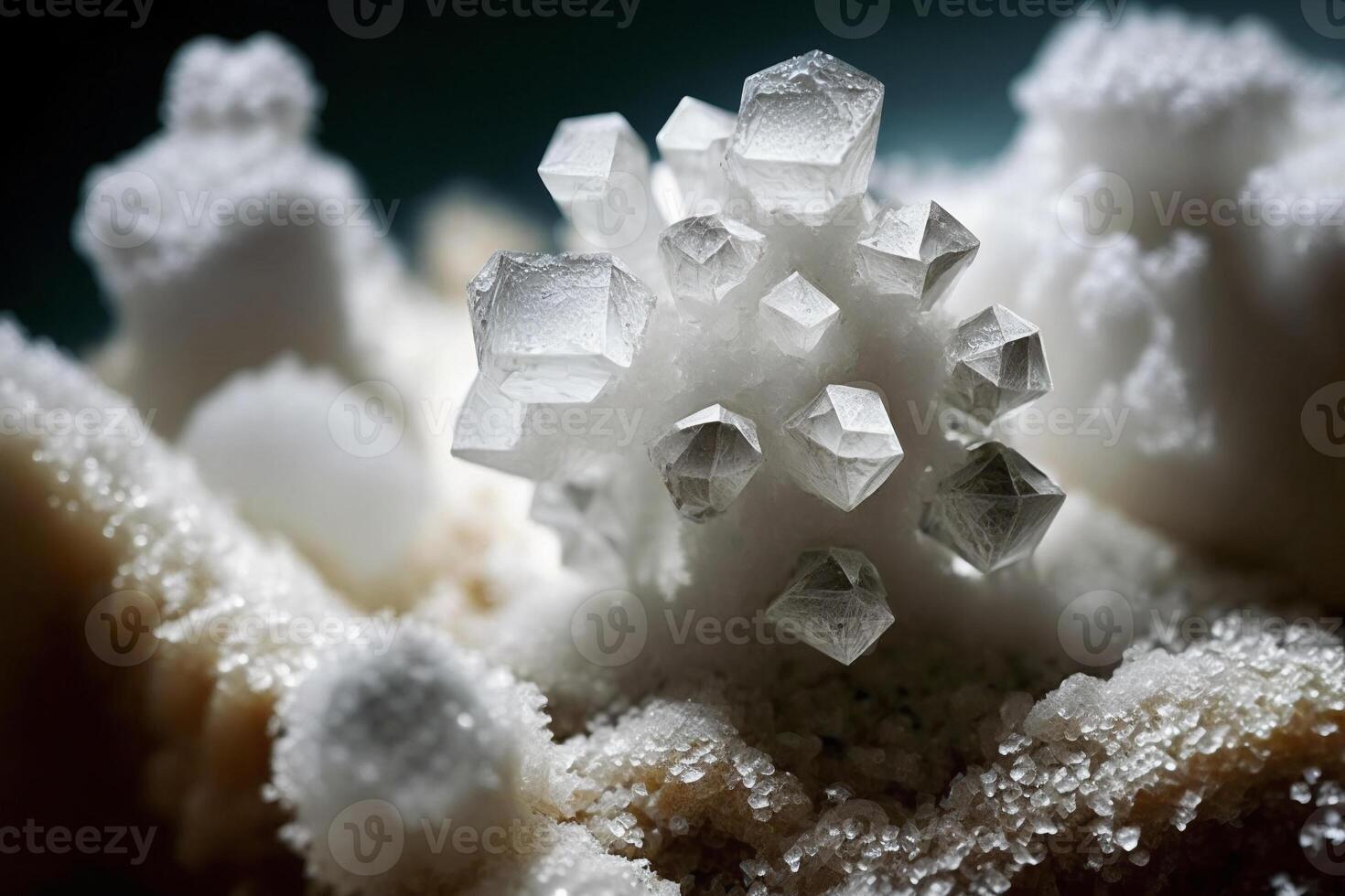 Beautiful abstract background with white crystals. Mysterious gemstones, minerals. Magic crystal cluster. Close-up view. . photo