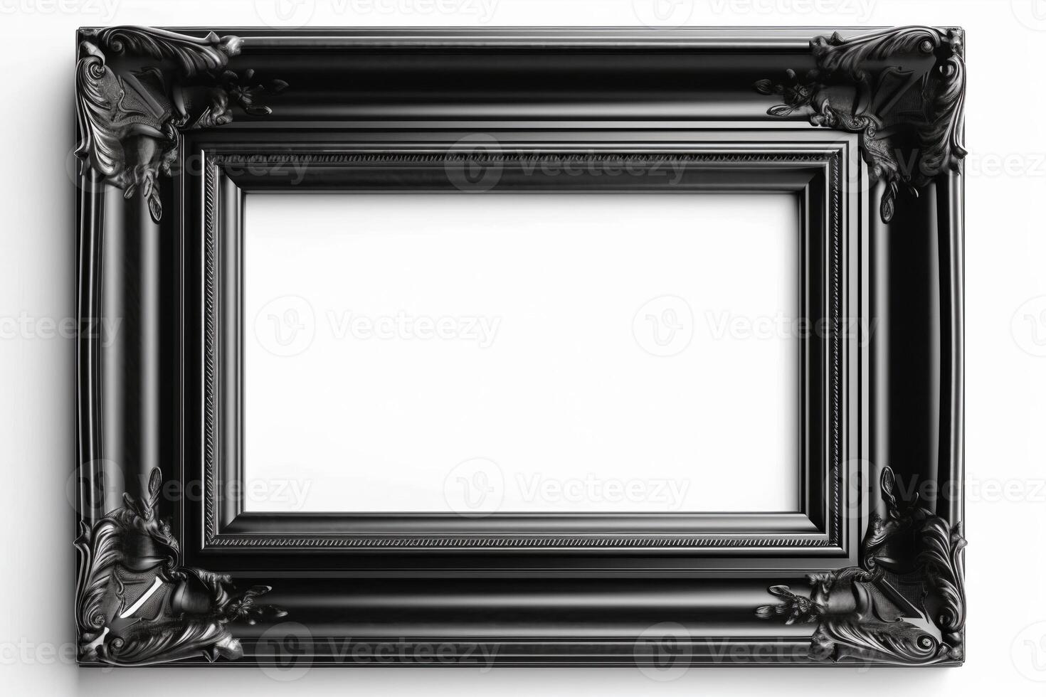 Black, empty, horizontal picture frame on white background. Frame with copy space for artwork, picture. . photo