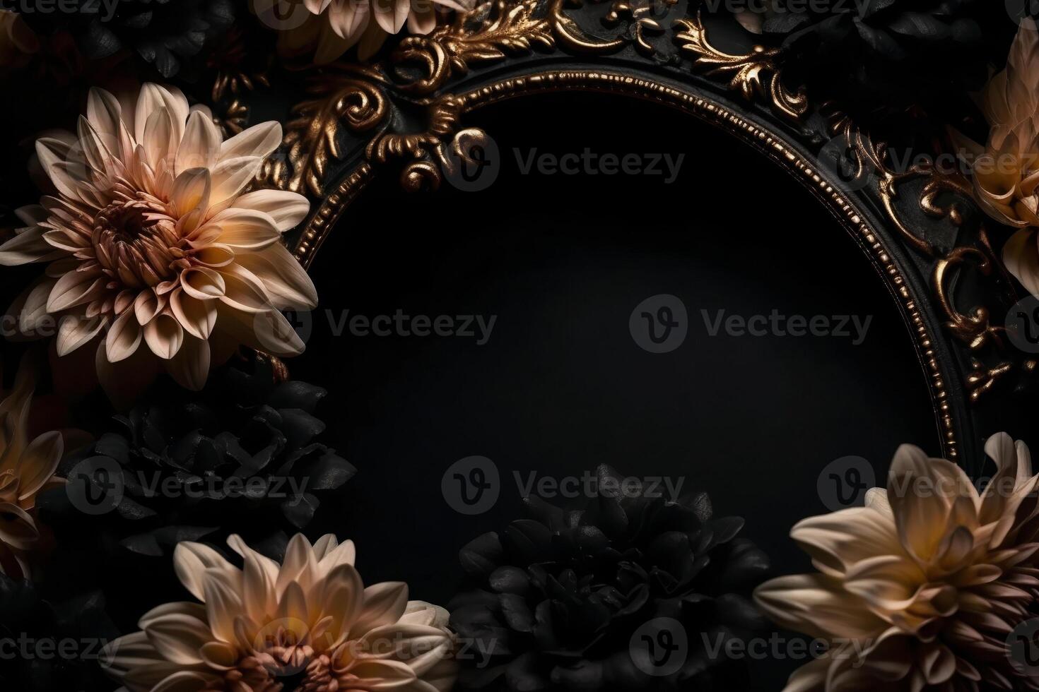 Beautiful black background with flowers and copy space. Empty space for text. Frame, dark backdrop. . photo