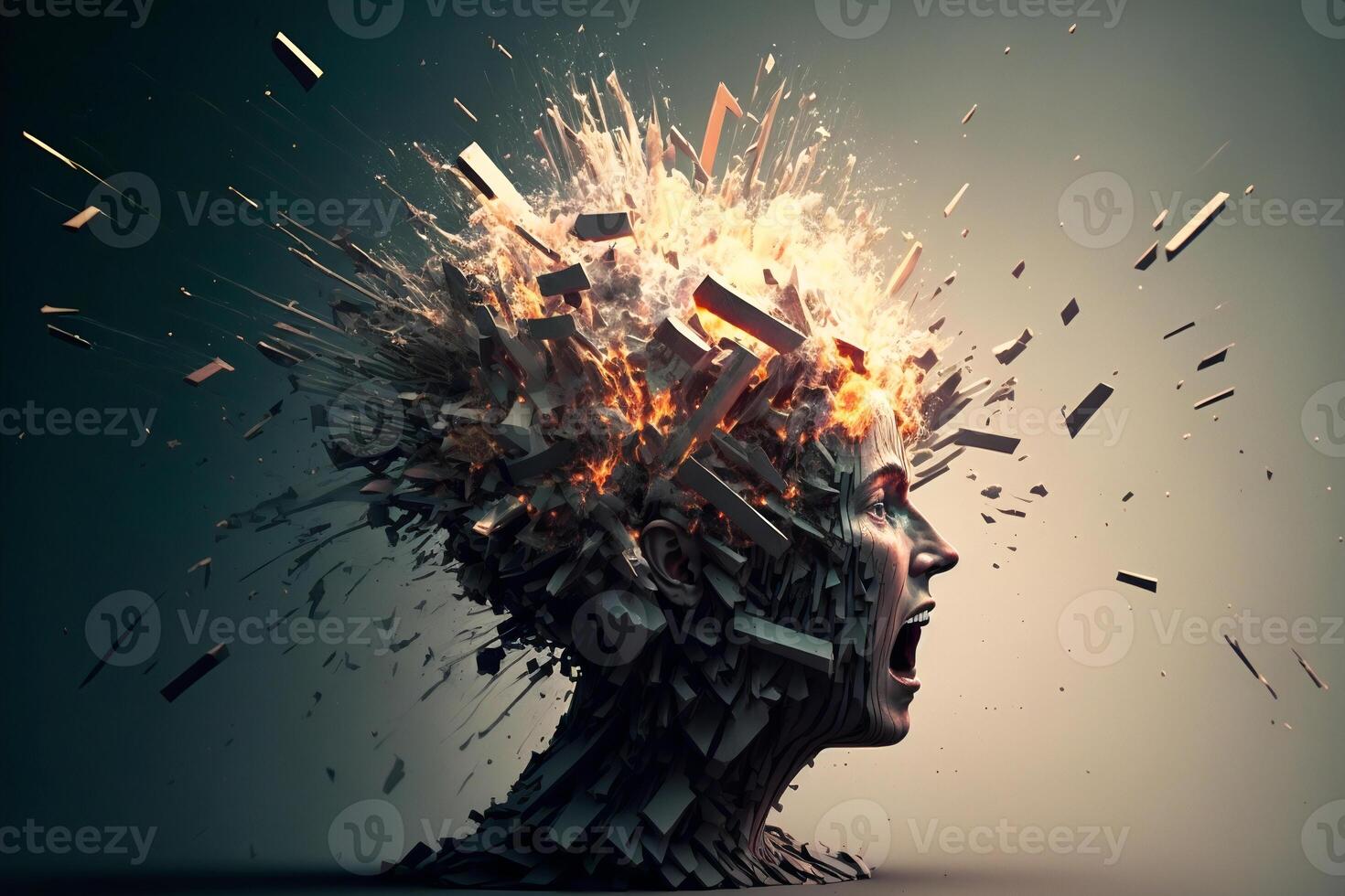 Head explosion. Headache, aggression, negative emotions concept. Losing control. Problems with mental health. Anger. . photo
