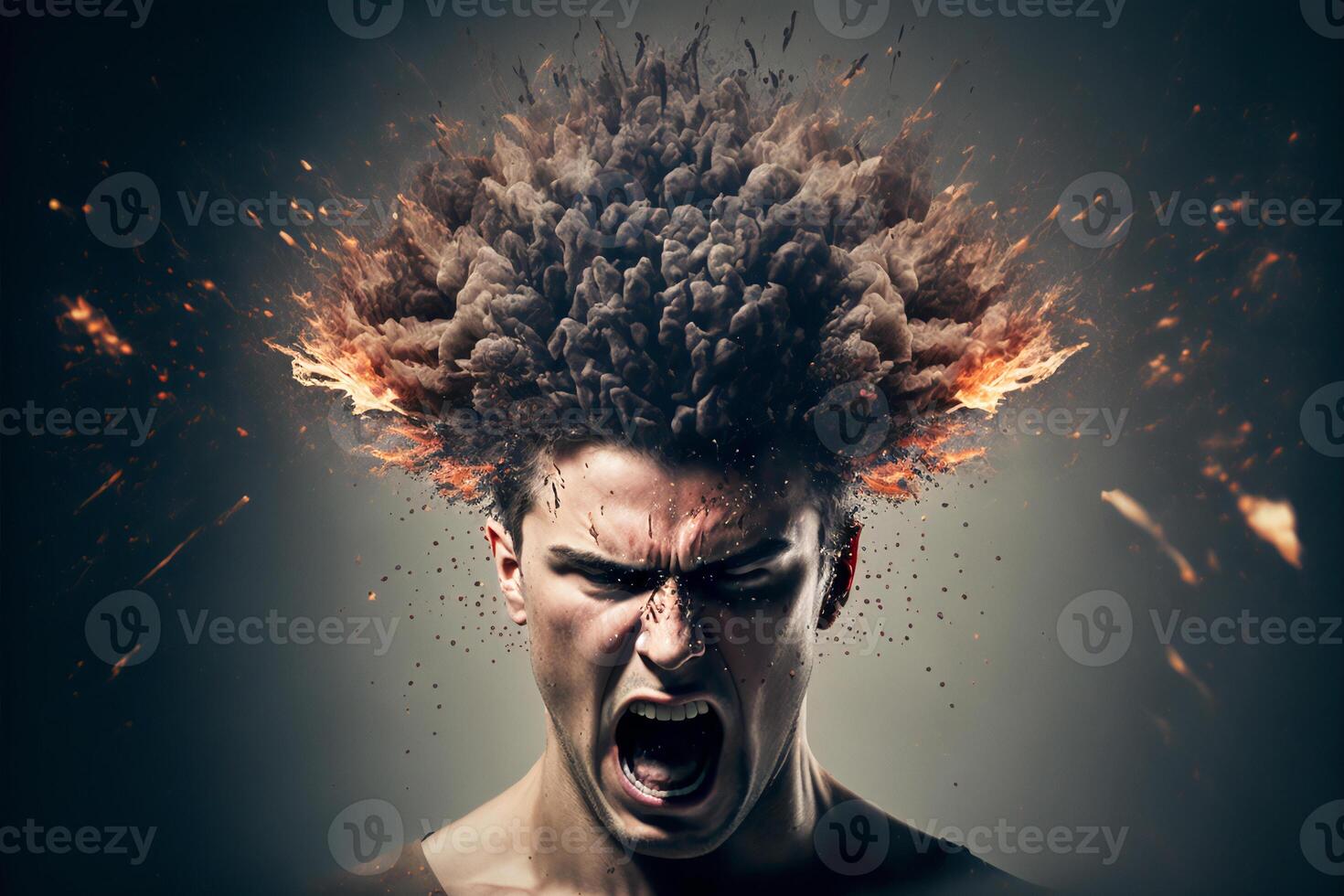 Head explosion. Headache, aggression, negative emotions concept. Losing control. Problems with mental health. Anger. . photo