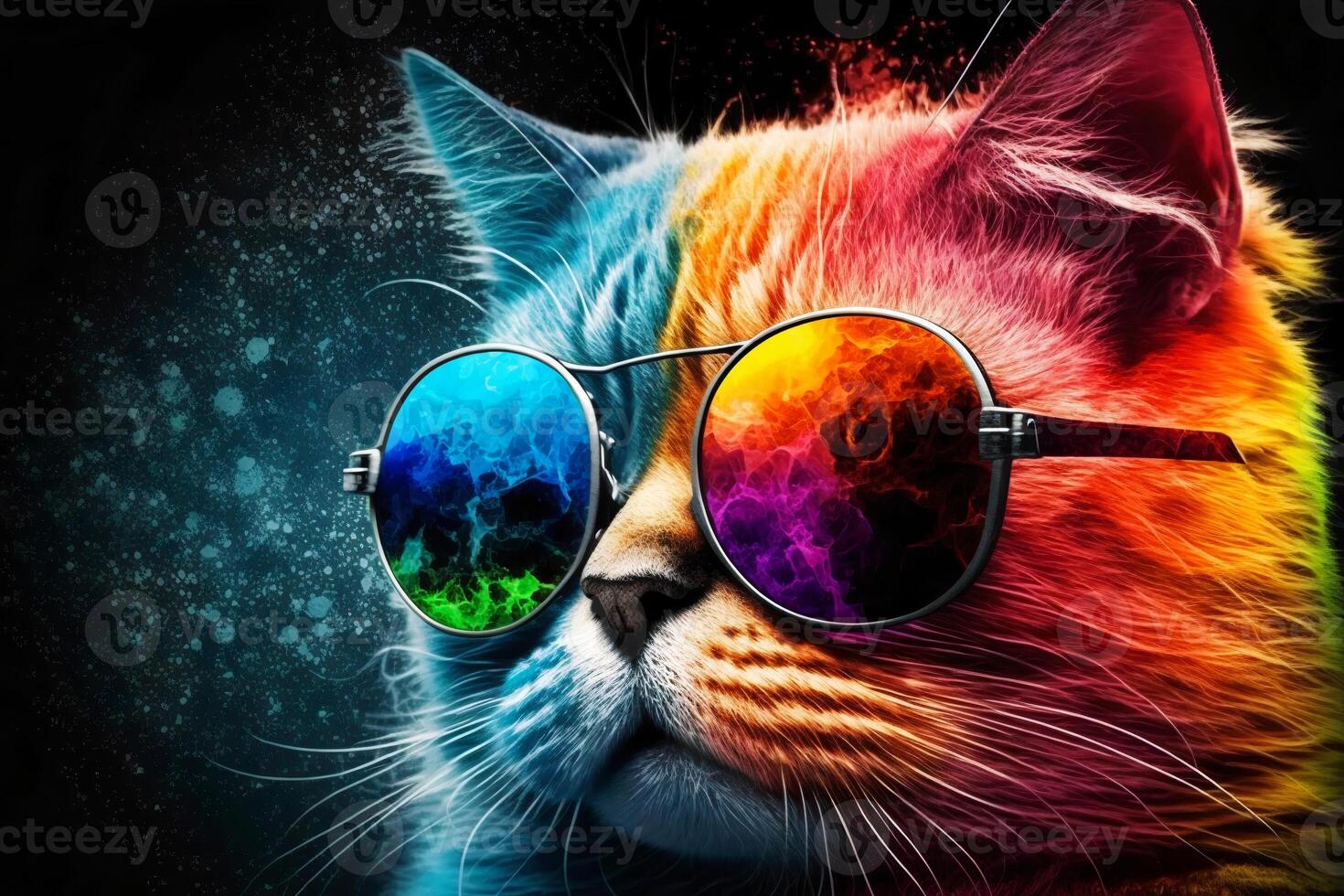 Cool and colorful cat with sunglasses. Rainbow colors. Diversity, tolerance, inclusion concept. Different and unique to be. Fashionable kitty. . photo