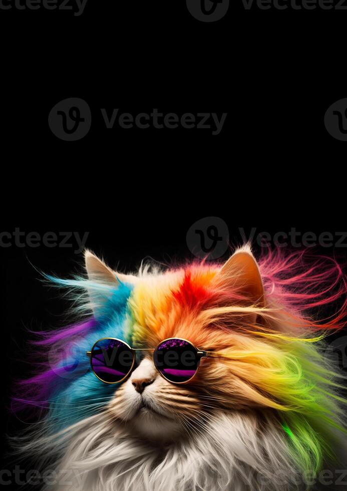 frio y vistoso gato en negro vertical antecedentes con Copiar espacio arco iris colores. diversidad, tolerancia, inclusión concepto. diferente y único a ser. de moda gatito con Gafas de sol. generativo ai foto