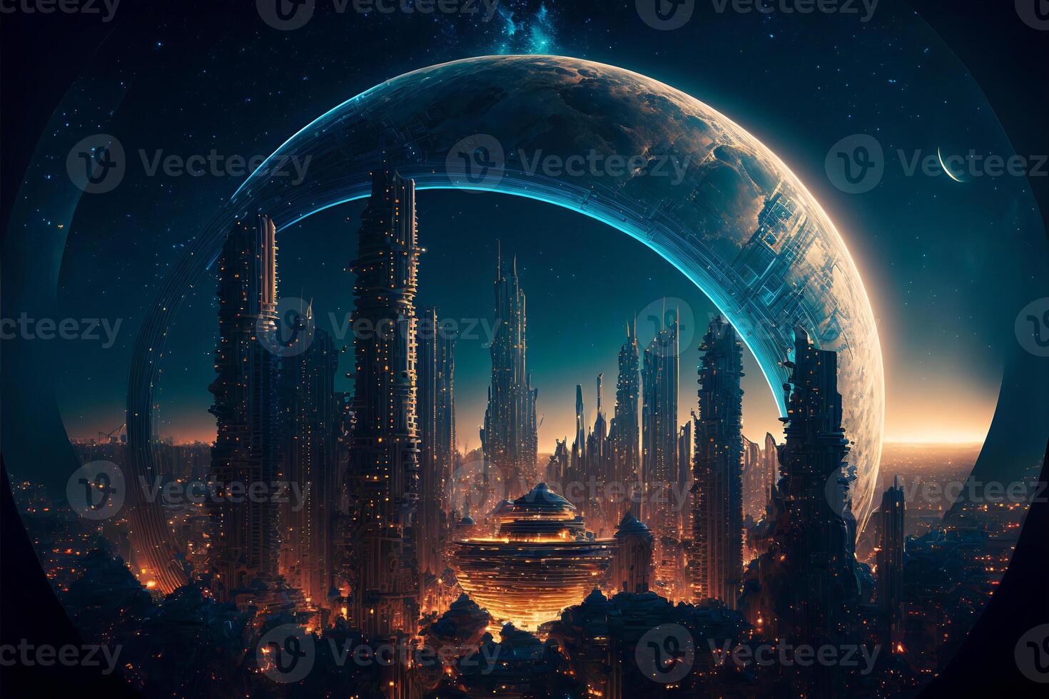 Fantasy city of the future. Futuristic world. Night view, neon lights. . photo