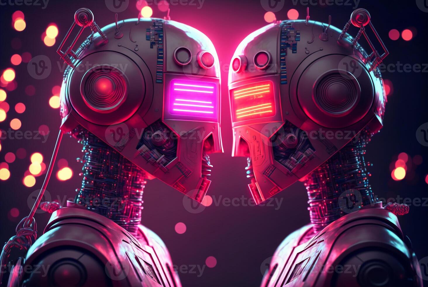 Two robots in love, a couple. Artificial intelligence, digital technology. Digital smart world metaverse. Valentine's Day. Futuristic lovers. Neon colors. Humanoide, cyborg. . photo