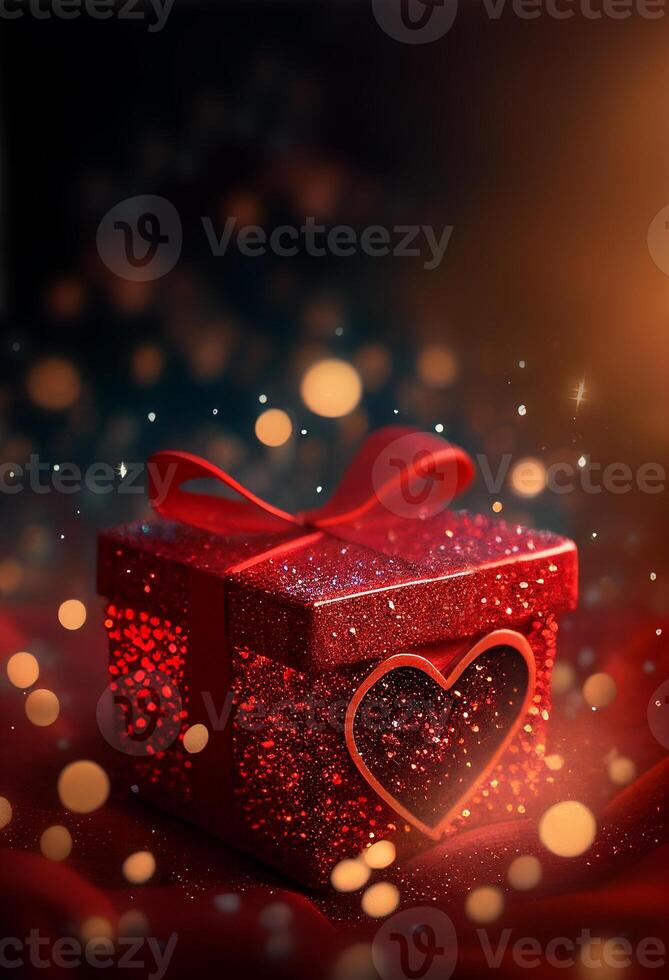Vertical background with gift box, heart and copy space. Valentine's Day backdrop with bokeh effect. Empty space for advertising text, invitation, logo. Postcard, greeting card design. . photo