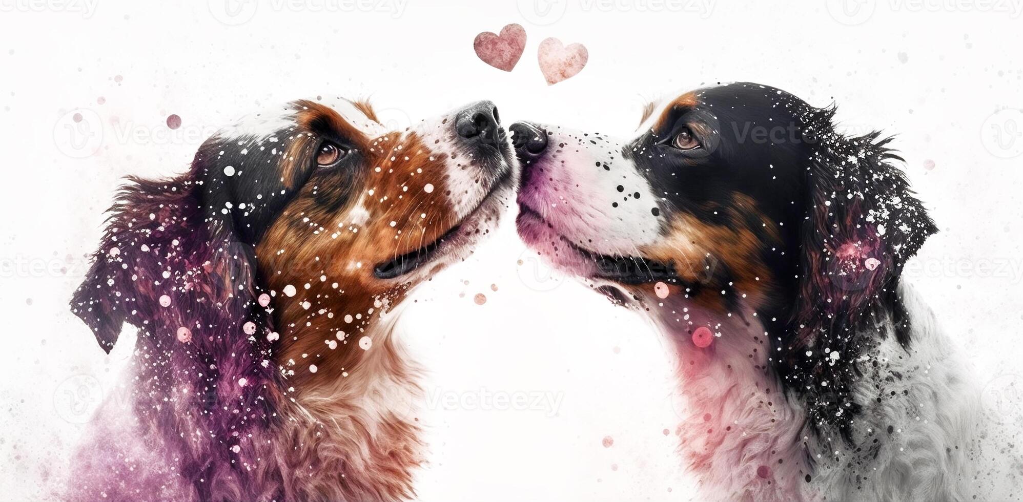 Two dogs are kissing. Watercolor effect. Valentine's Day, love. Couple, relationship. Postcard, greeting card design. . photo