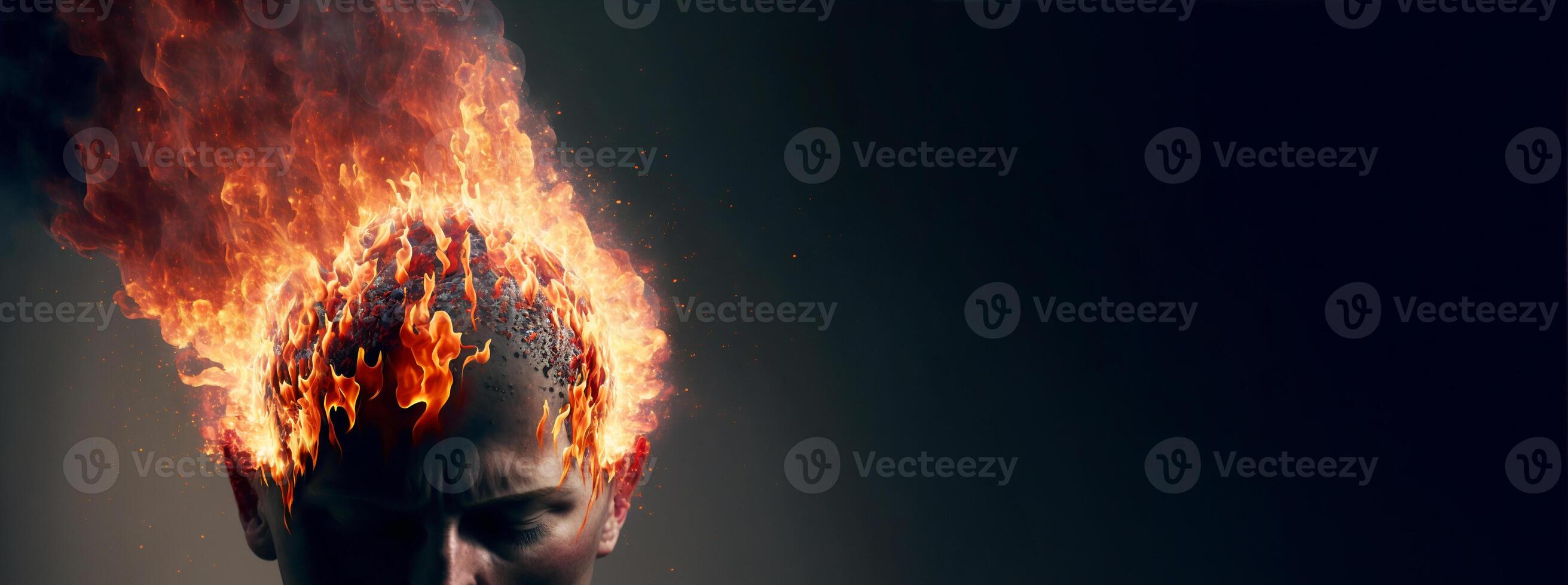 Head and fire. Headache, aggression, negative emotions concept. Losing control. Problems with mental health. Anger. Banner with copy space, black background. . photo