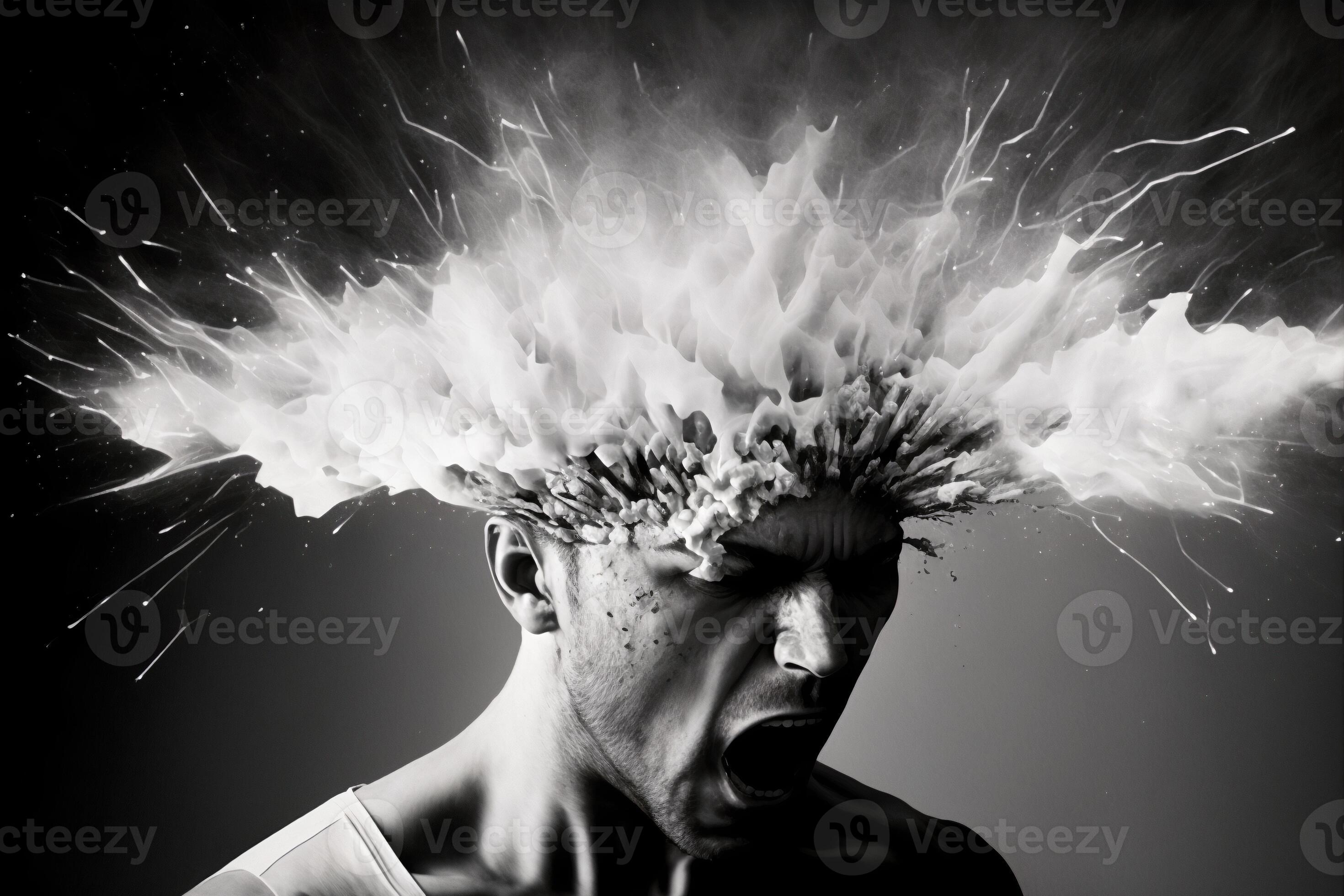 Head explosion. Headache, aggression, negative emotions concept. Losing