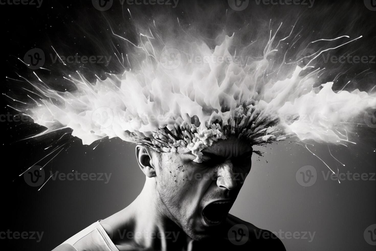 Head explosion. Headache, aggression, negative emotions concept. Losing control. Problems with mental health. Anger. . photo