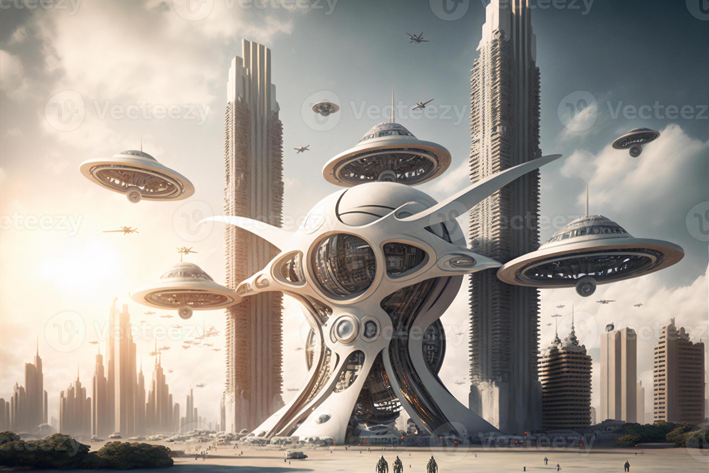 Fantasy city of the future. Futuristic world. Flying drones. Generative AI.  21984523 Stock Photo at Vecteezy