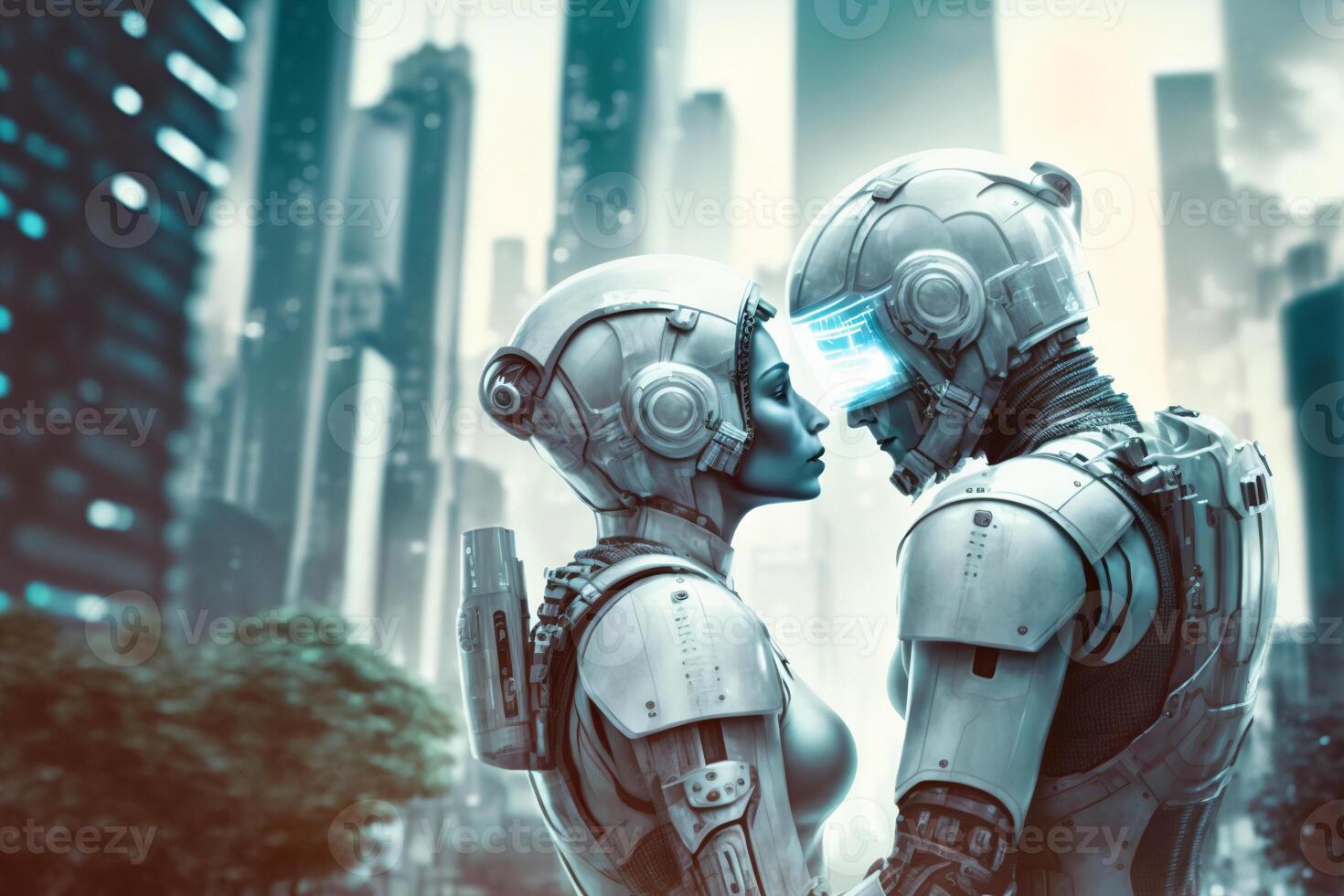 Two robots in love, a couple. Artificial intelligence, digital technology. Digital smart world metaverse. Valentine's Day. Futuristic lovers. Humanoide, cyborg. . photo