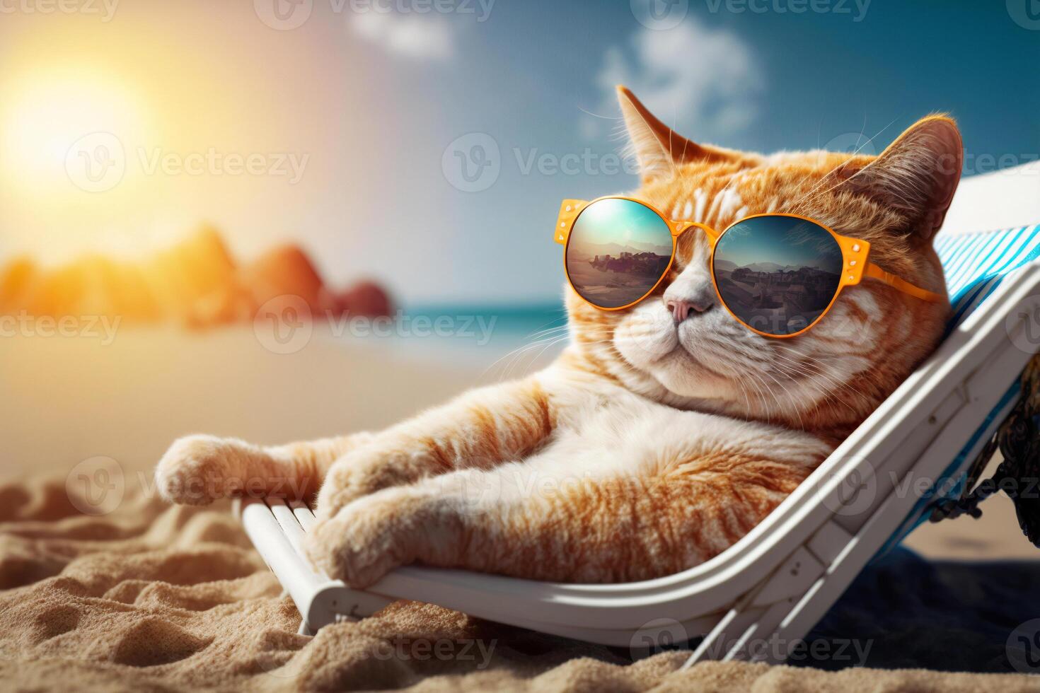 gato con Gafas de sol Relajado en el playa. vacaciones, fiesta ánimo, relajarse. arena y mar, azul cielo. viajar. generativo ai. foto