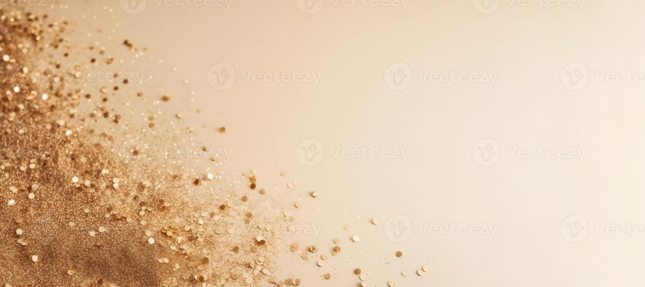 Beautiful abstract background with sparkles and copy space. Golden backdrop with glitter, sequins. Celebration, festive, event. Bokeh effect. Trendy design. . photo