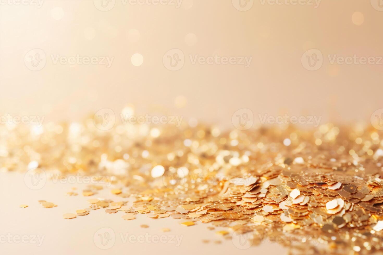 Beautiful abstract background with sparkles and copy space. Golden backdrop with glitter, sequins. Celebration, festive, event. Bokeh effect. Trendy design. . photo