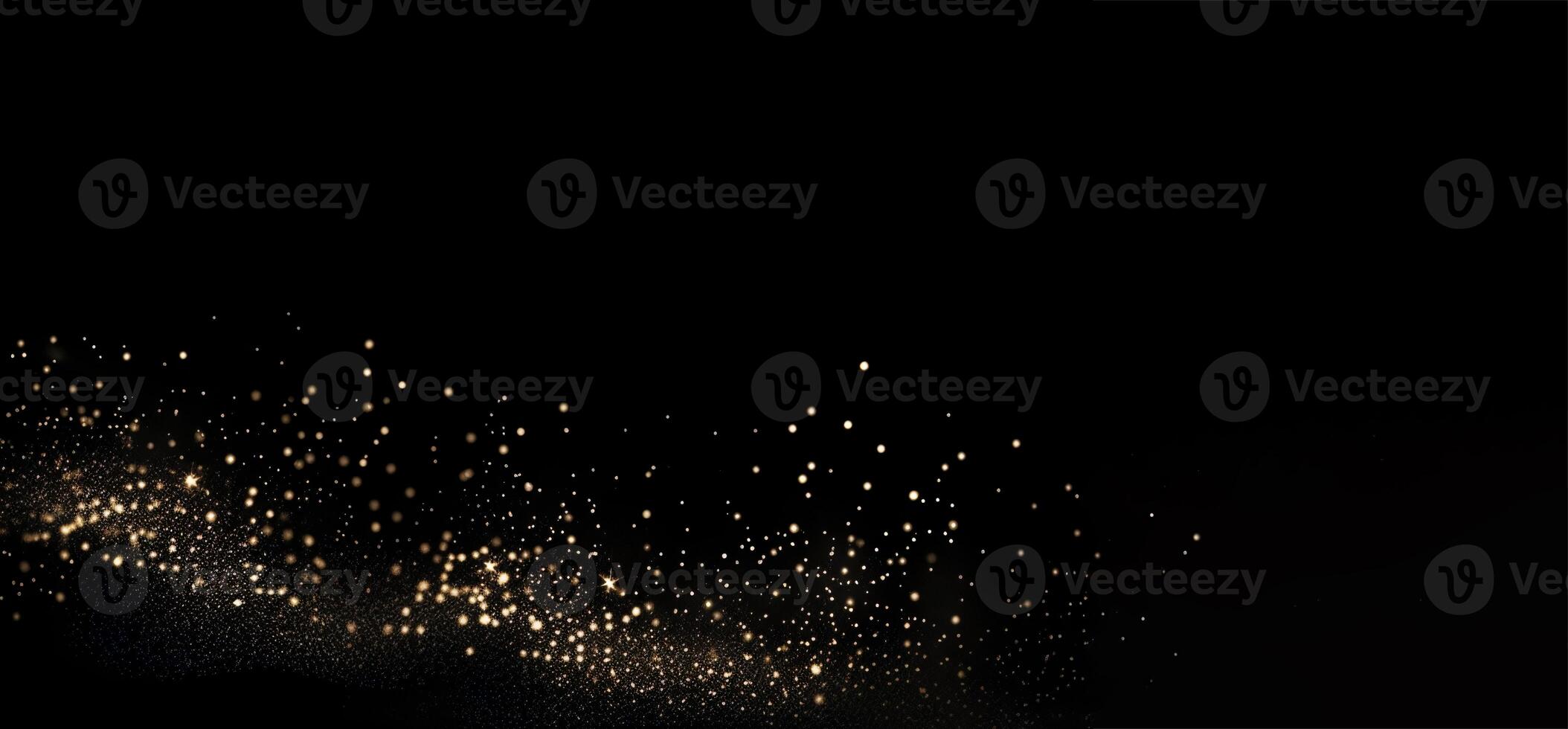 Beautiful black abstract background with sparkles and copy space. Backdrop with golden glitter, sequins. Celebration, festive, event. Bokeh effect. Trendy design. . photo