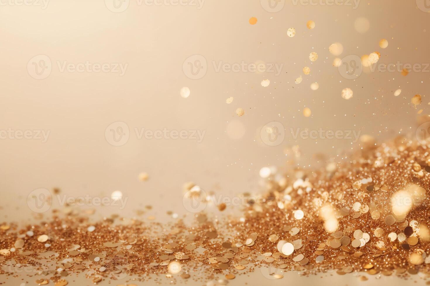 Beautiful abstract background with sparkles and copy space. Golden backdrop with glitter, sequins. Celebration, festive, event. Bokeh effect. Trendy design. . photo
