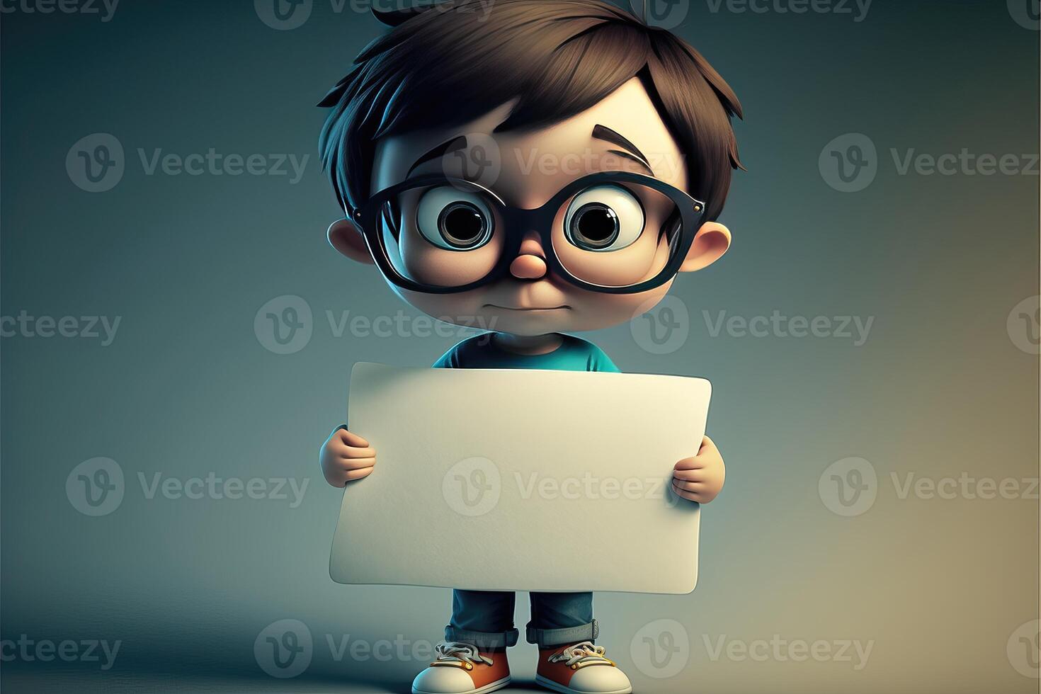 3D cute boy cartoon holding blank sign. 3D kid background. Suitable for banners, signs, logos, sales, discount, product promotions, etc. photo