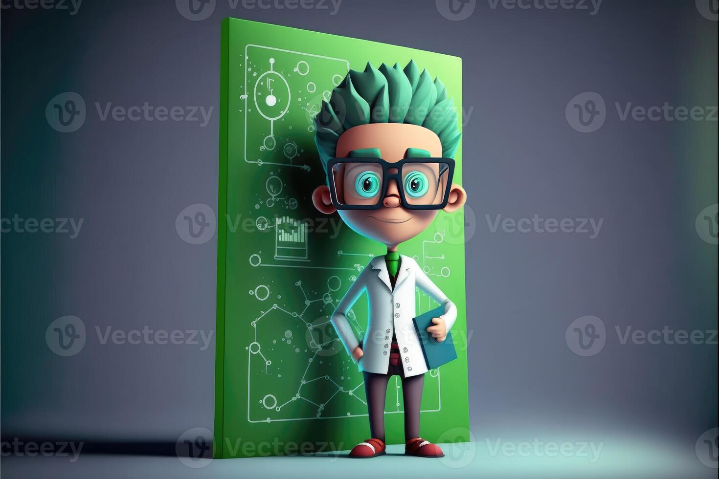 Scientist wearing glasses and greenboard. 3d cartoon style. photo