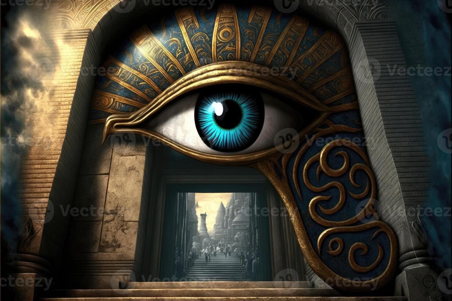 Eye of Horus, wedjat eye or udjat eye at the entrance to the temple of the Pharaohs abstract background. photo