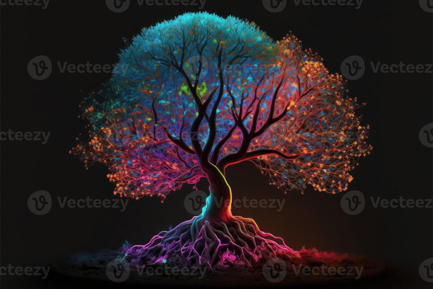 Fertile tree illuminated with colorful neon lights photo