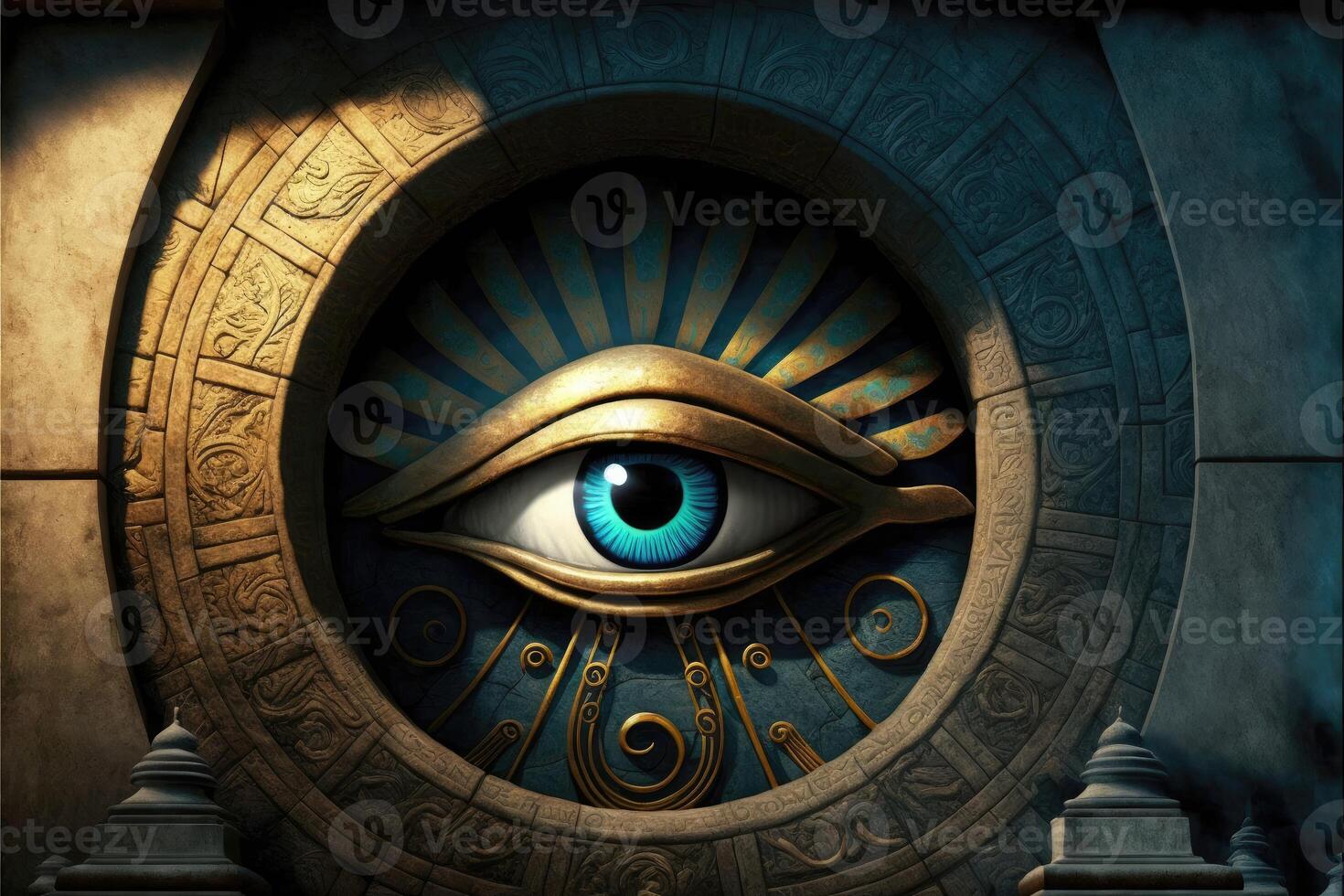 Eye of Horus, wedjat eye or udjat eye at the entrance to the temple of the Pharaohs abstract background. photo