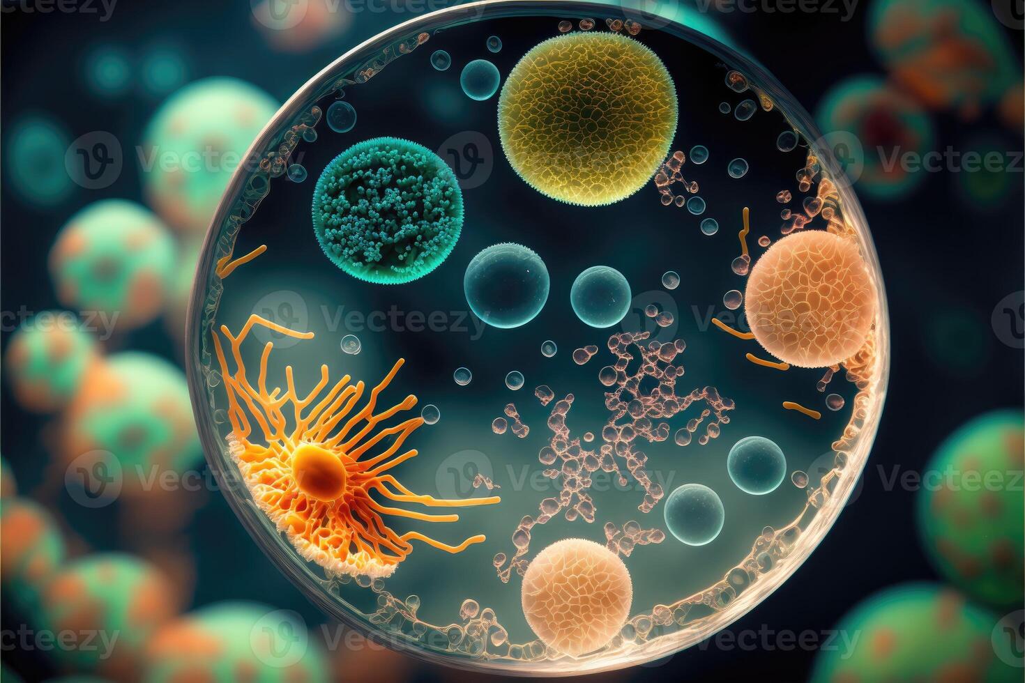 Macro close up shot of bacteria and virus cells in a scientific laboratory petri dish. photo