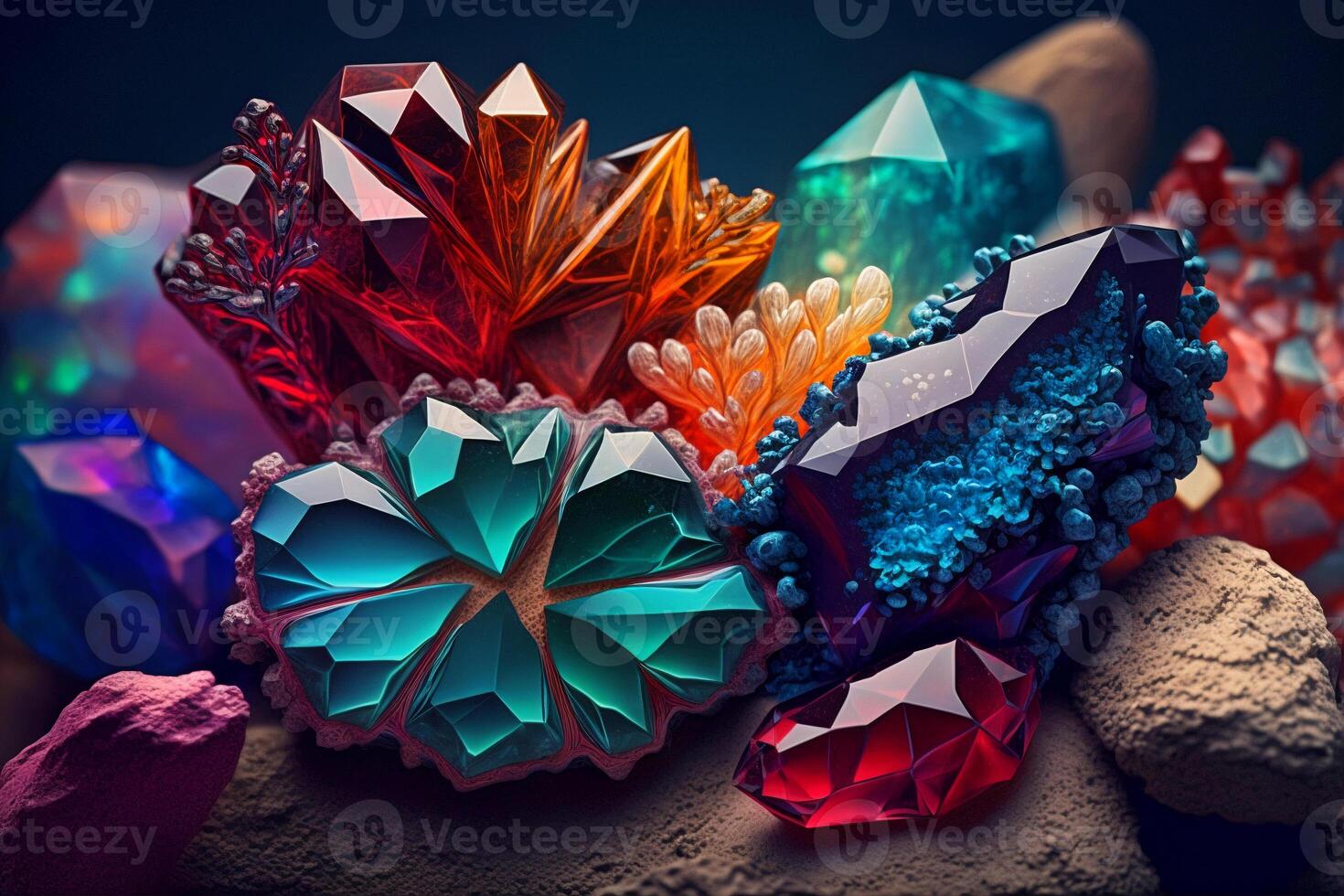 Beautiful abstract background with colorful crystals. Mysterious gemstones, minerals. Magic crystal cluster. Close-up view. . photo