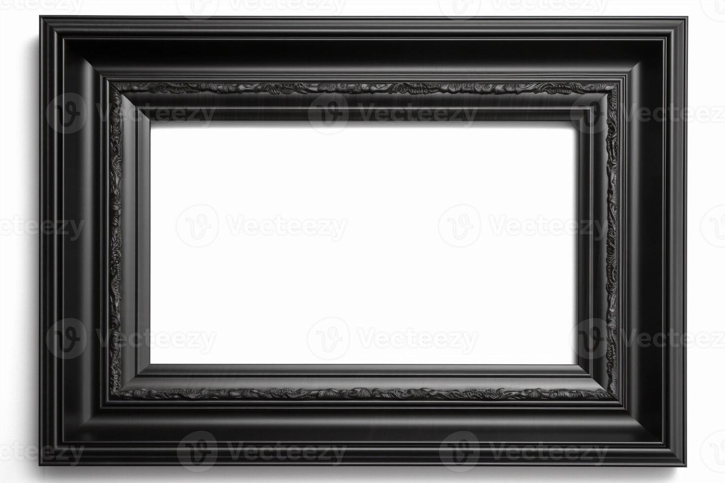 Black, empty, horizontal picture frame on white background. Frame with copy space for artwork, picture. . photo