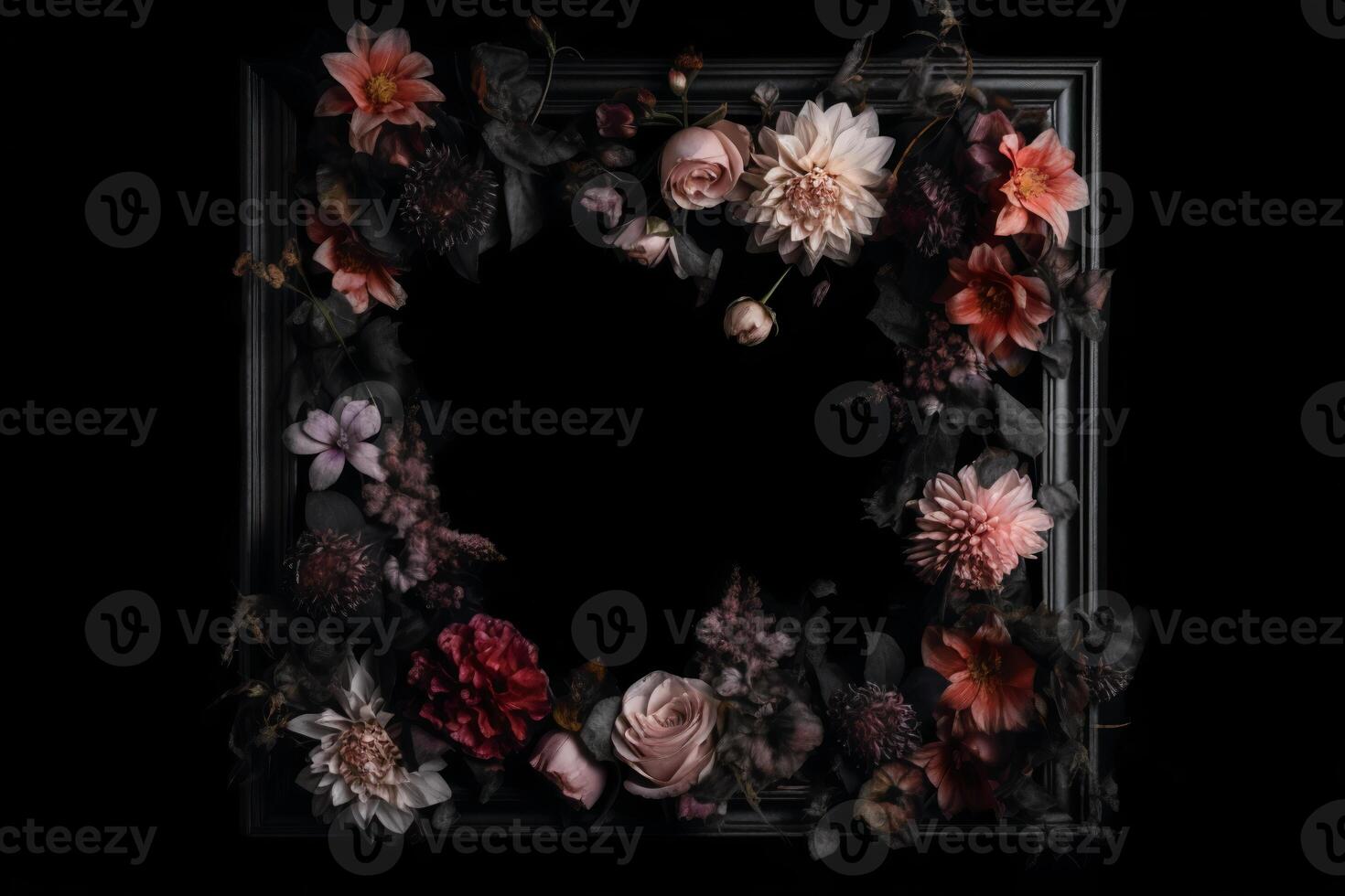 Beautiful black background with flowers and copy space. Empty space for text. Frame, dark backdrop. . photo
