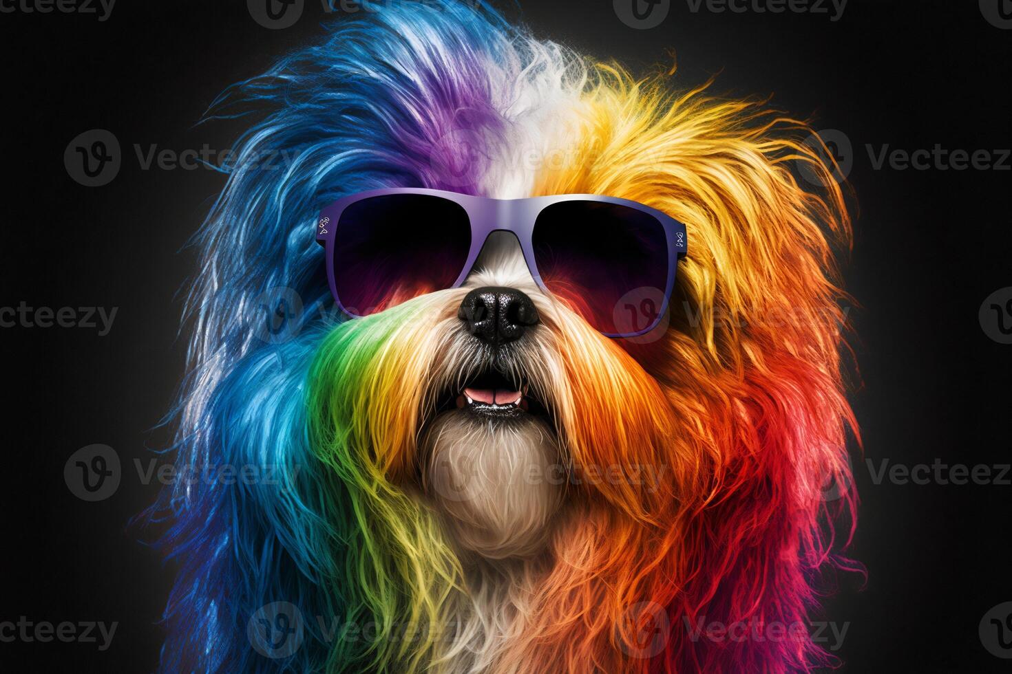 Cool and colorful dog with sunglasses. Rainbow colors. Diversity, tolerance, inclusion concept. Different and unique to be. Fashionable doggy. . photo