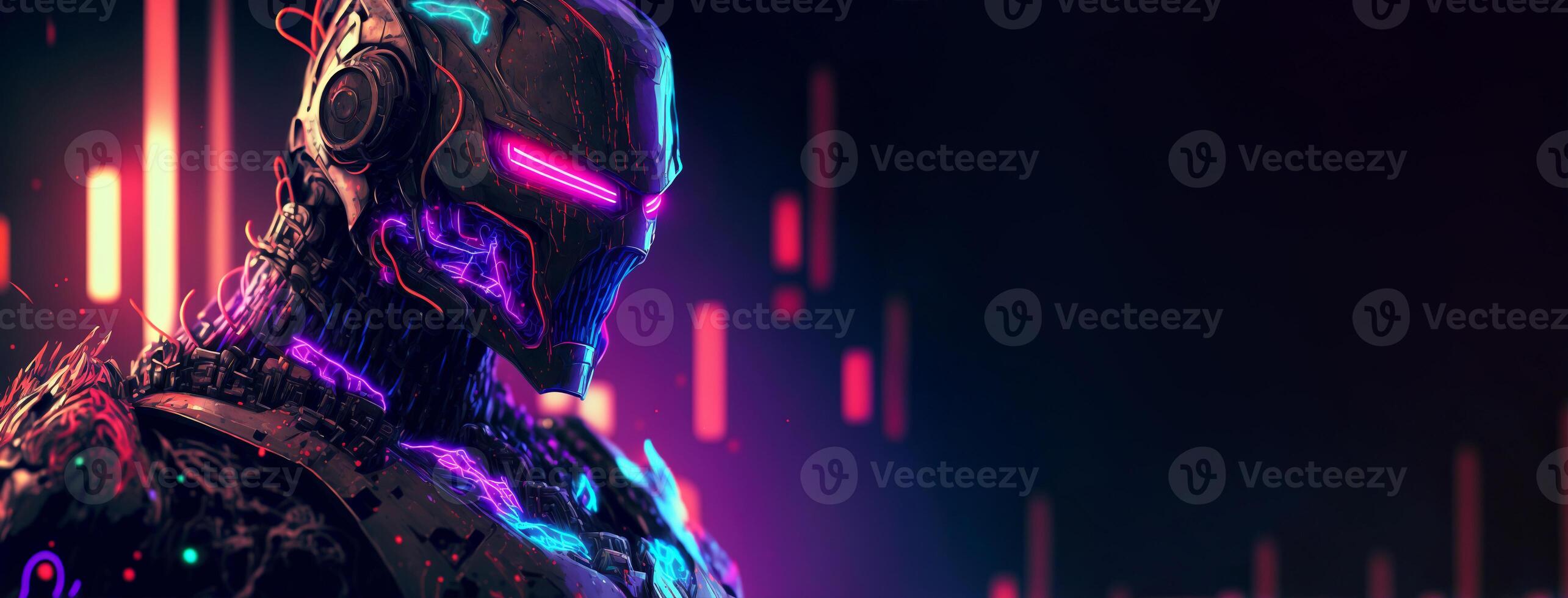 Futuristic banner with robot and copy space for your text. Artificial intelligence, digital technology. Digital smart world metaverse. Template with empty space. Humanoide, cyborg. . photo