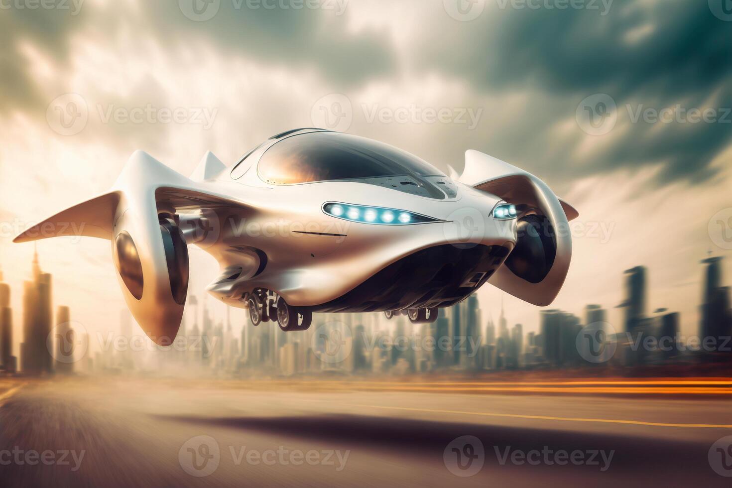Flying car. Fantasy city of the future. Futuristic world. . photo