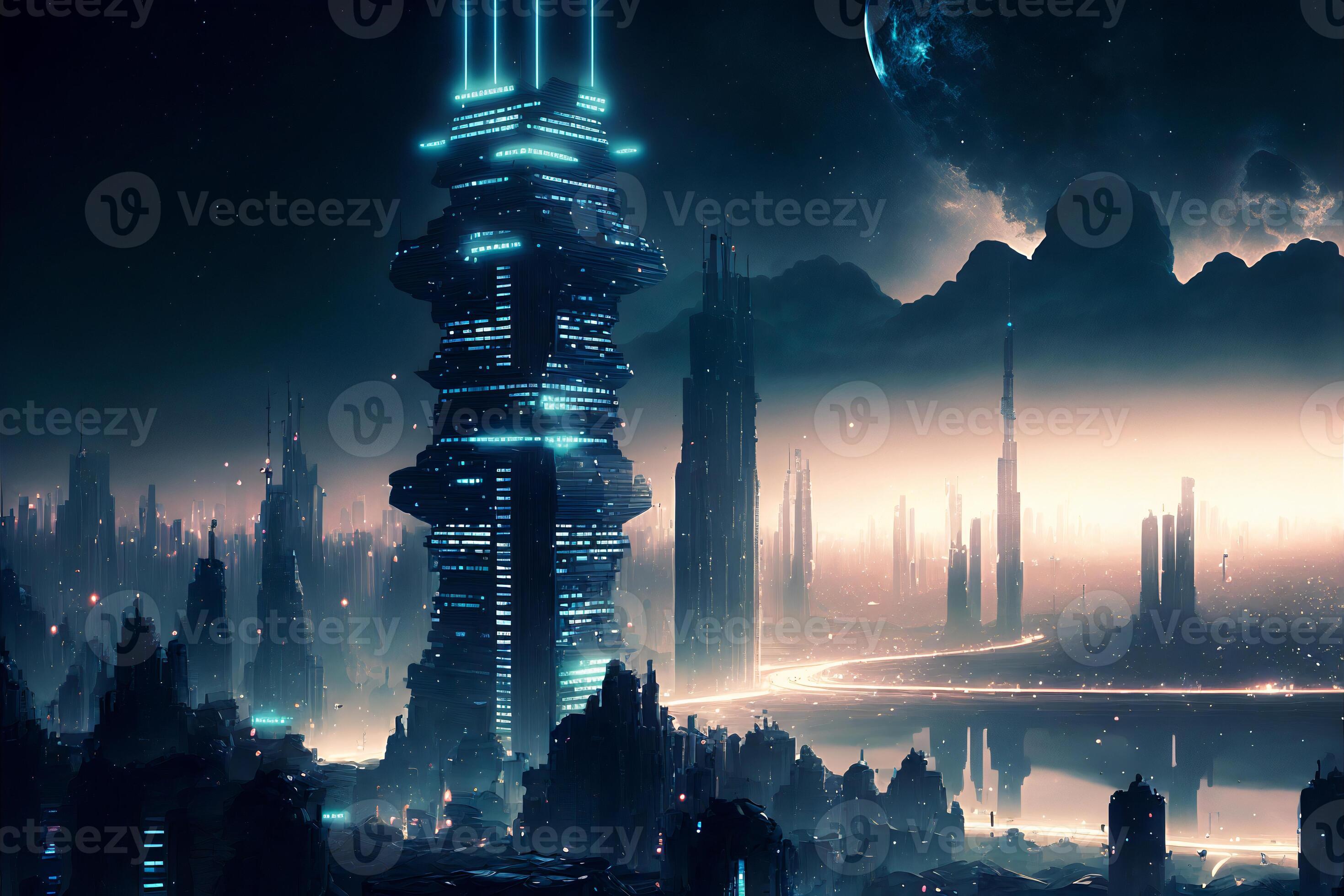 Fantasy city of the future. Futuristic world. Night view, neon lights.  Generative AI. 21984656 Stock Photo at Vecteezy
