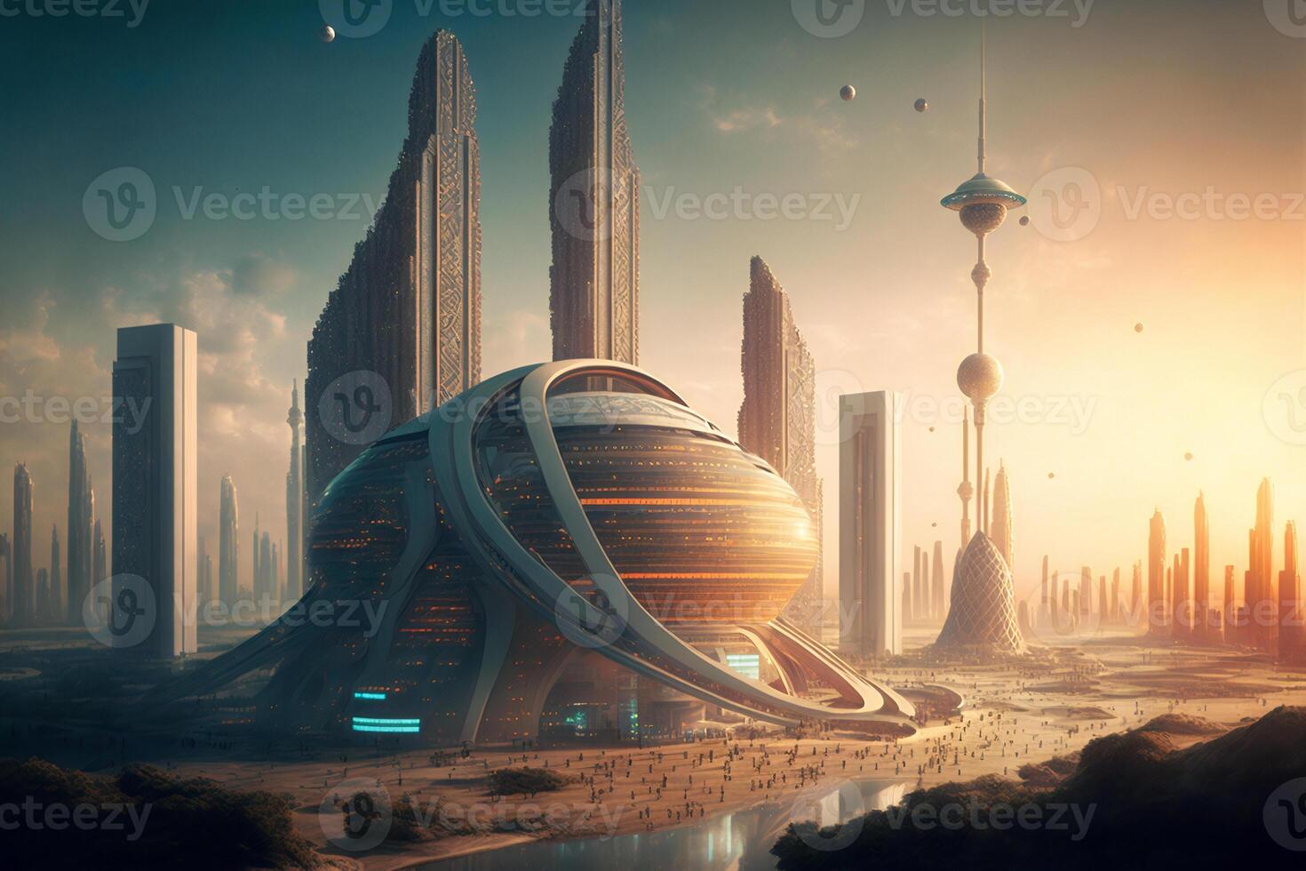 Fantasy city of the future. Futuristic world. . photo