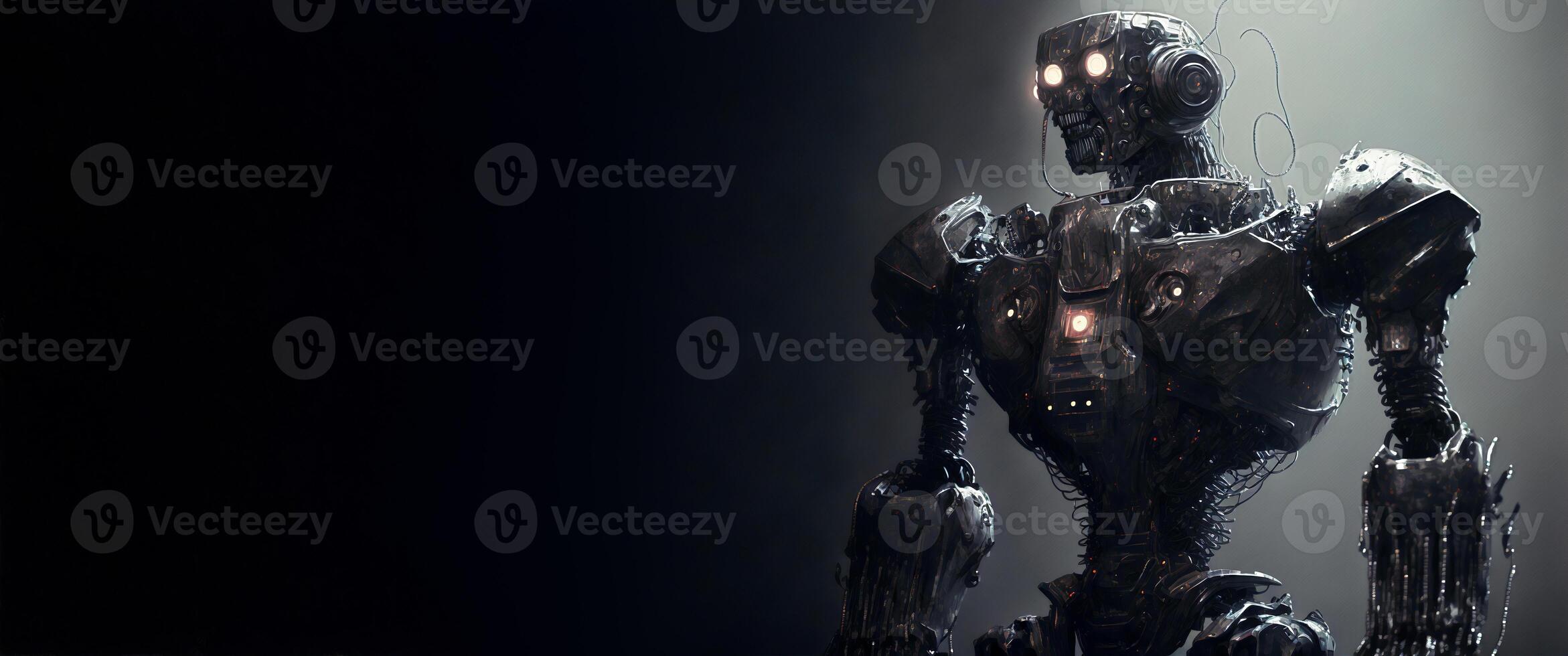 Black banner with robot and copy space for your text. Artificial intelligence, digital technology. Digital smart world metaverse. Template with empty space. Humanoide, cyborg. . photo