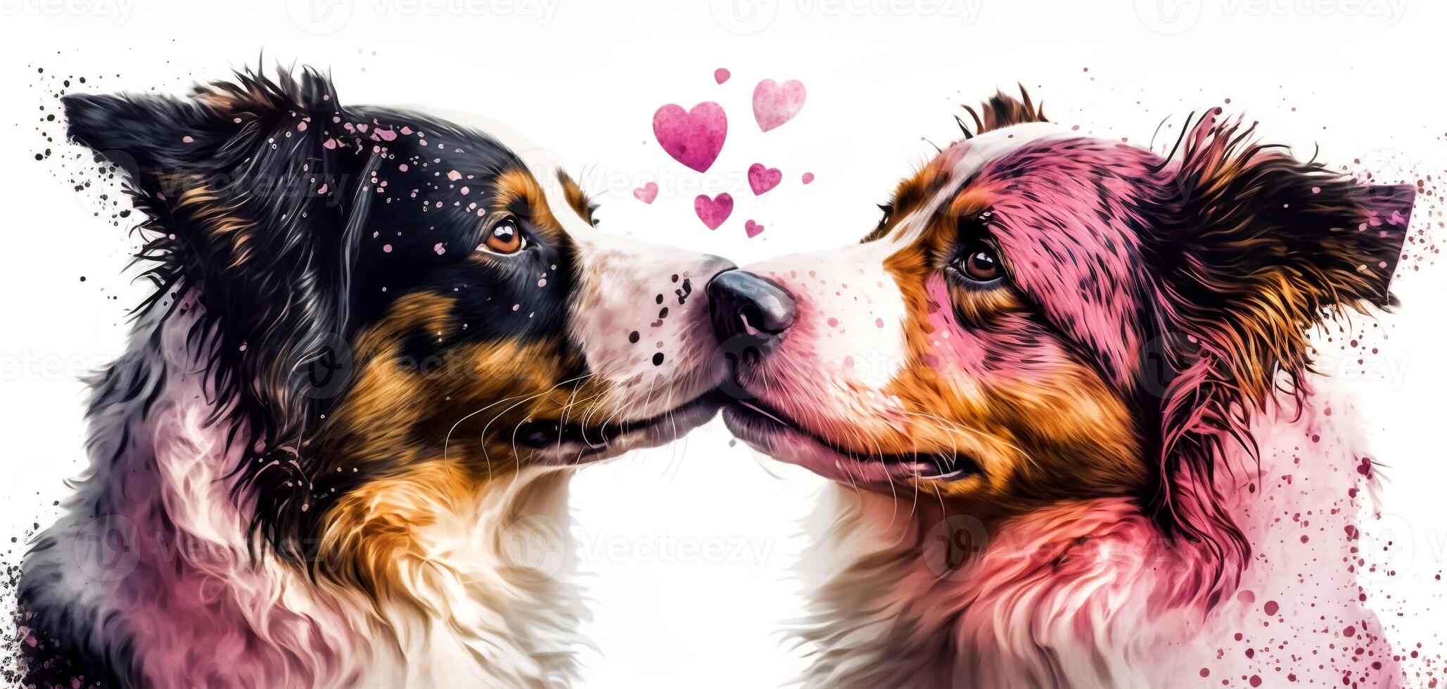 Two dogs are kissing. Watercolor effect. Valentine's Day, love. Couple, relationship. Postcard, greeting card design. . photo