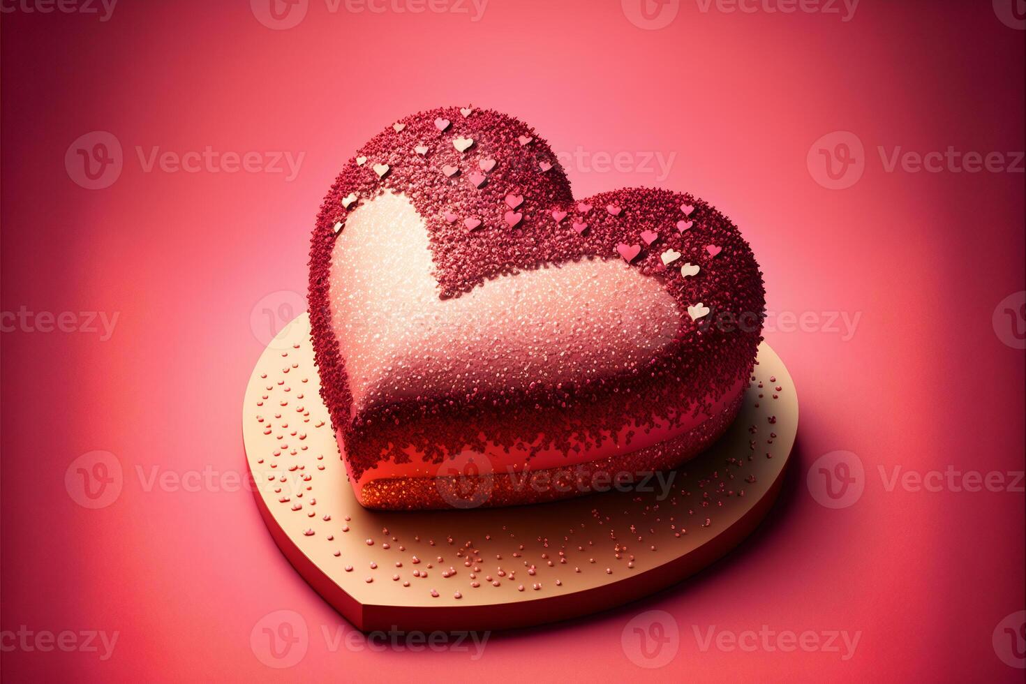 Cake in heart form, dessert with glitter. Valentine's Day, love. Postcard, greeting card design. Red color. . photo