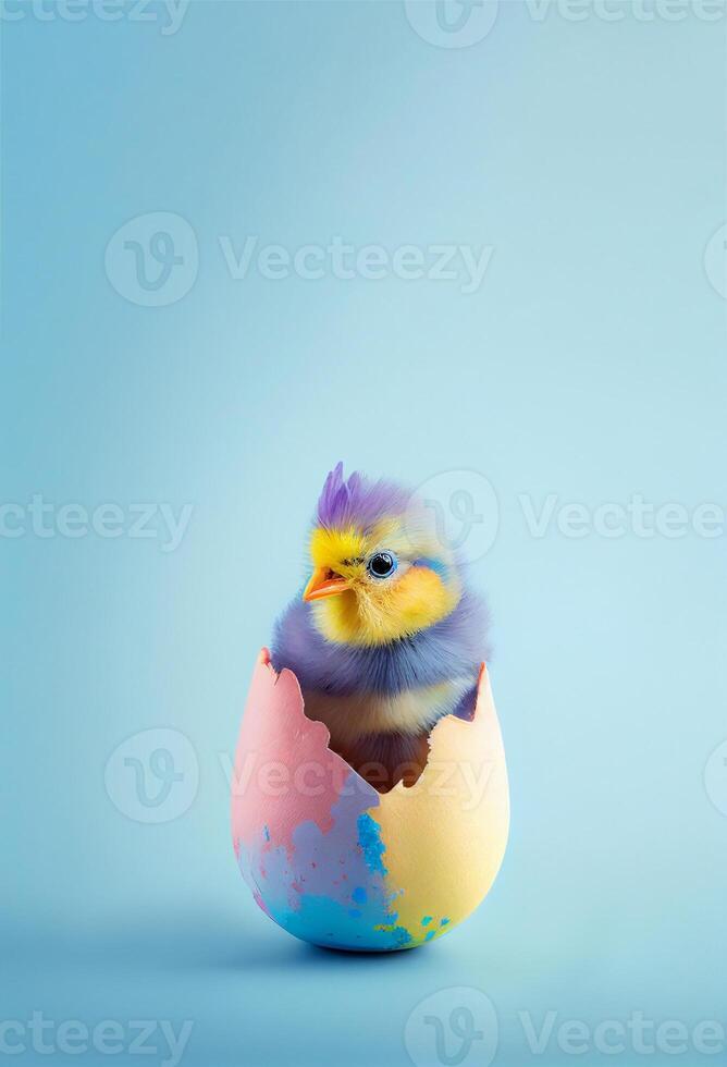 Colorful chicken sitting inside Easter egg, blue background. Vertical Easter backdrop with copy space. Postcard, greeting card design. Pascha, Happy Easter Day. . photo