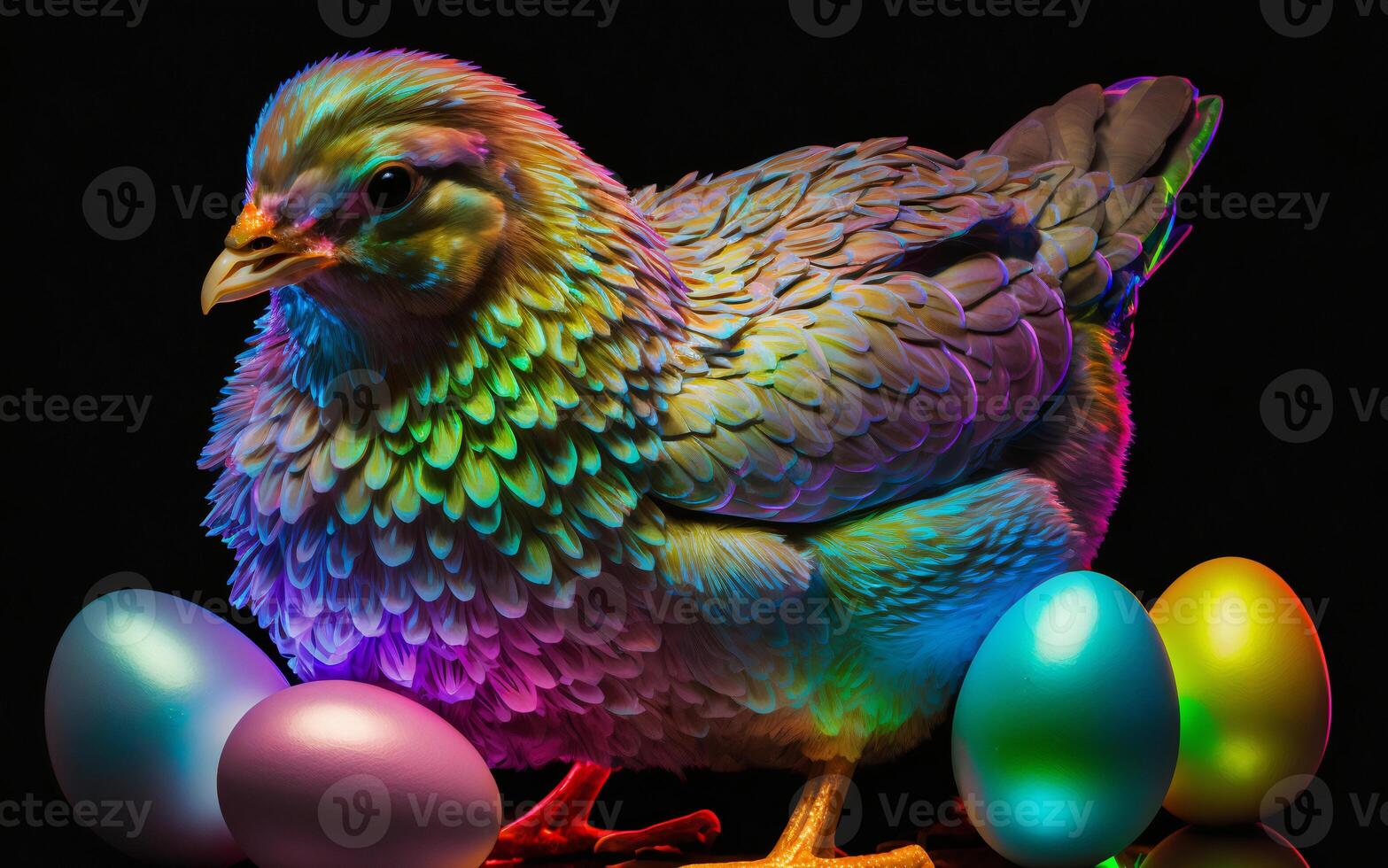 Holographic Easter chicken and eggs. Vibrant, iridescent colors. Happy Easter Day. Trendy design. . photo