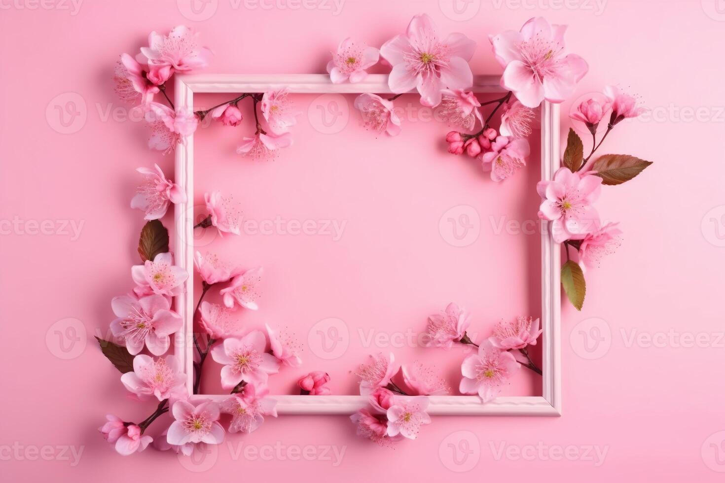 Beautiful pink background with flowers and copy space. Empty space for text. Frame, backdrop. Summer, spring, blossom. Woman's or Mother's Day, Birthday. . photo