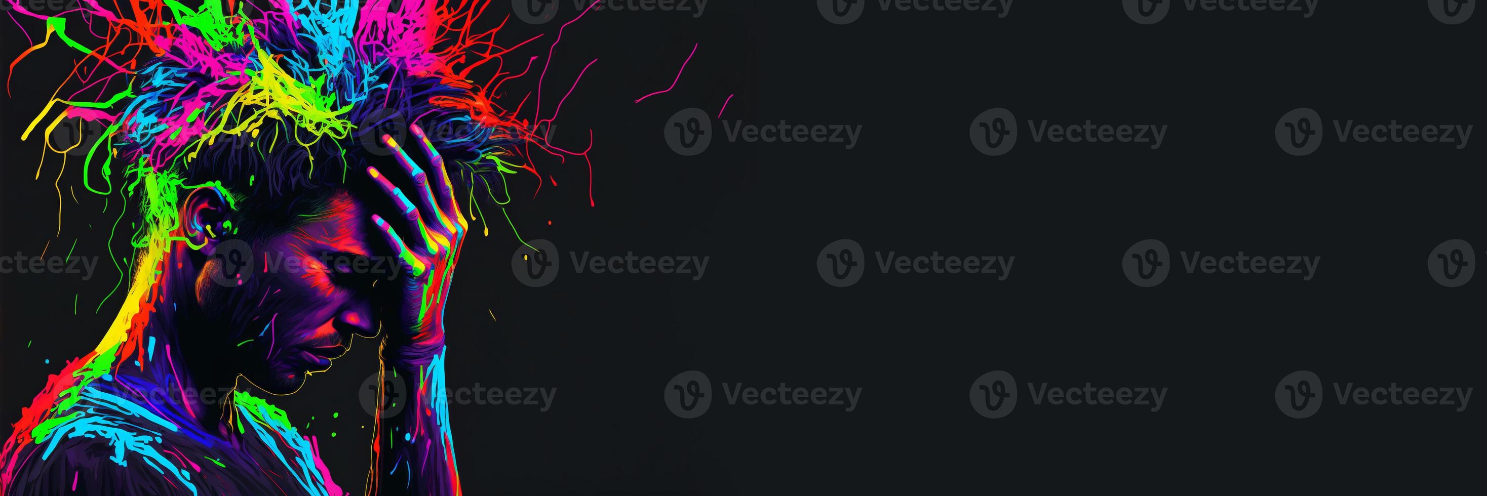Sad man, sketch effect with neon colors . Headache, depression, negative emotions concept. Problems with mental health. Sadness. Banner with copy space, black background. . photo