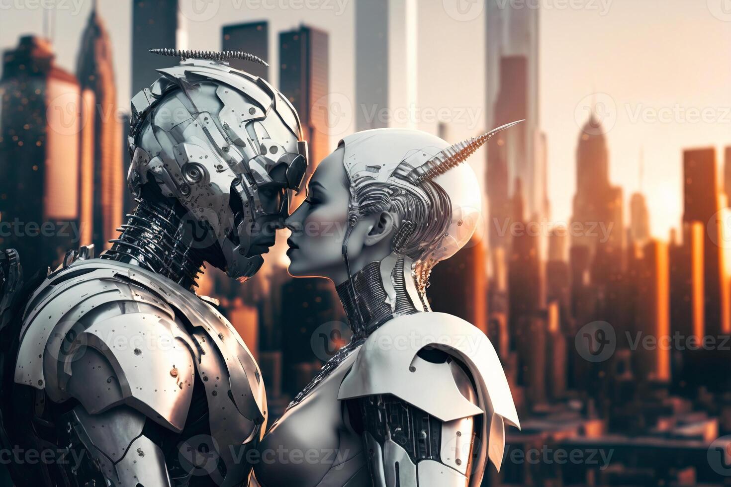 Two robots in love, a couple. Artificial intelligence, digital technology. Digital smart world metaverse. Valentine's Day. Futuristic lovers. Humanoide, cyborg. . photo