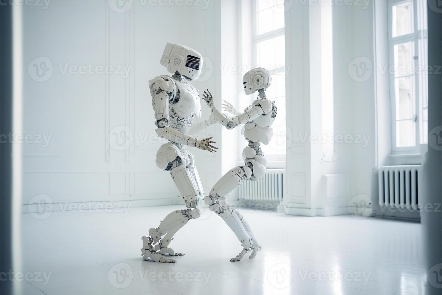 Two robots dancing. Couple, love. Artificial intelligence, digital technology. Digital smart world metaverse. Futuristic lovers. Humanoide, cyborg. . photo