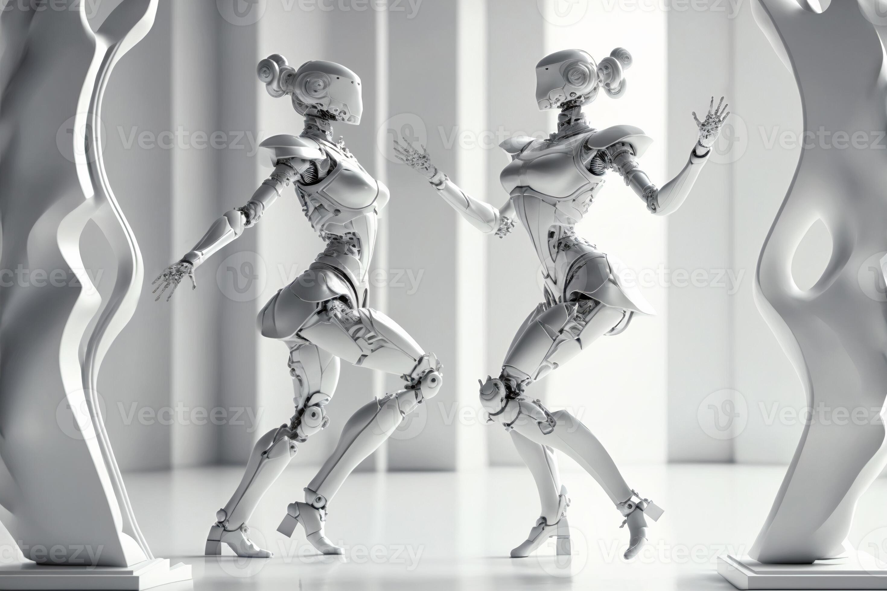 Two female robots dancing. Couple or friends. Artificial intelligence