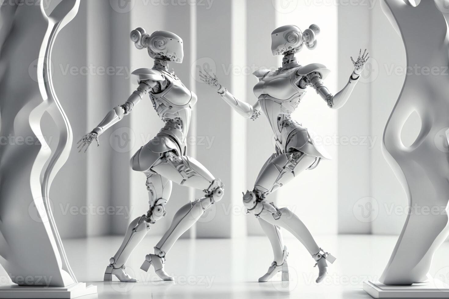 Two female robots dancing. Couple or friends. Artificial intelligence, digital technology. Digital smart world metaverse. Humanoide, cyborg. . photo