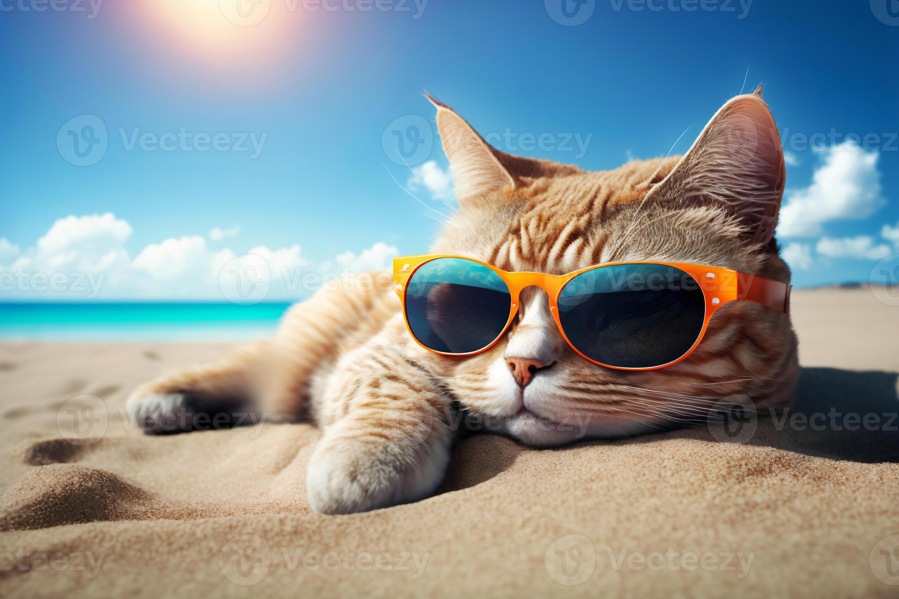 Cat with sunglasses chilling on the beach. Vacation, holiday mood