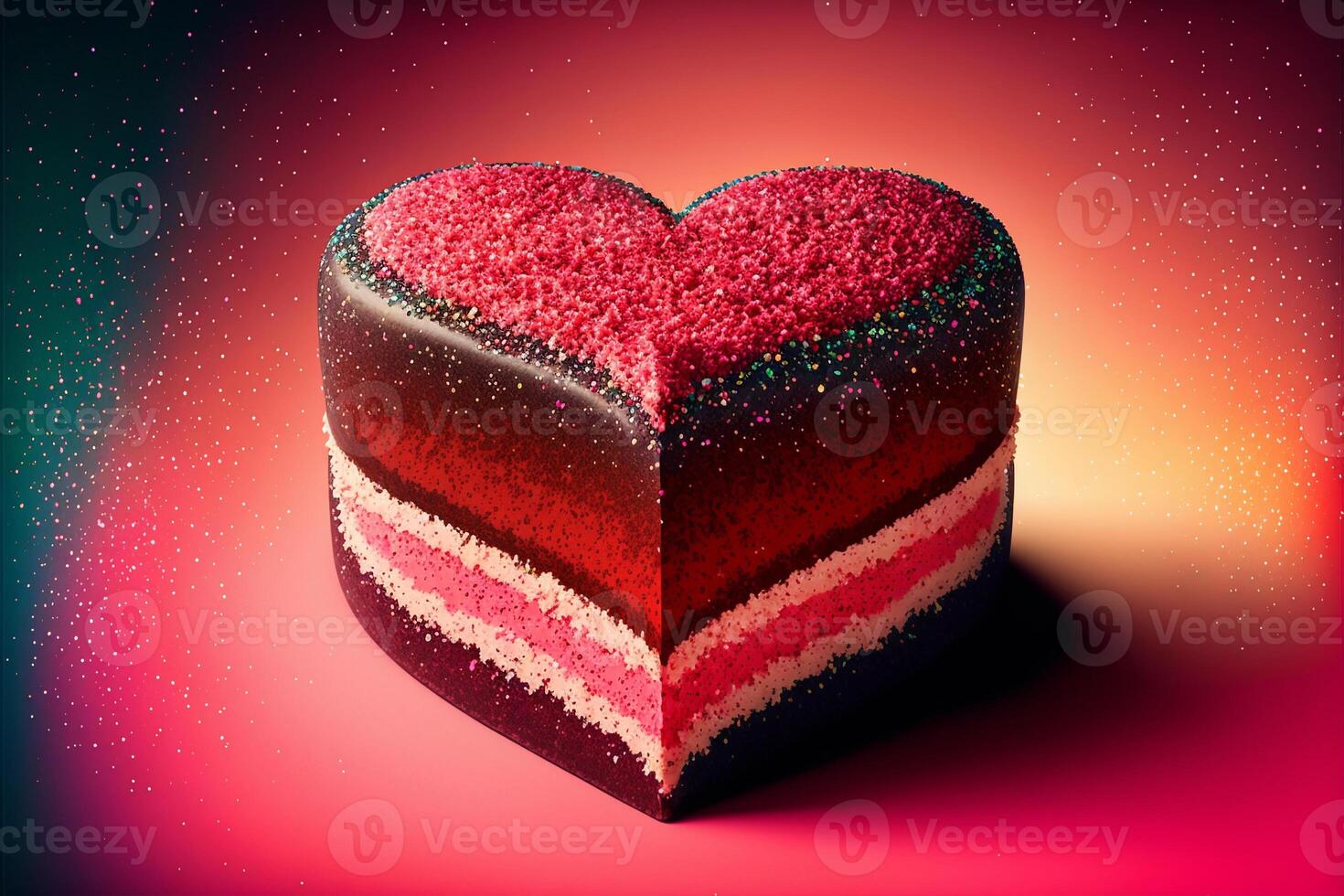 Cake in heart form, dessert with glitter. Valentine's Day, love. Postcard, greeting card design. Pink and red colors. . photo