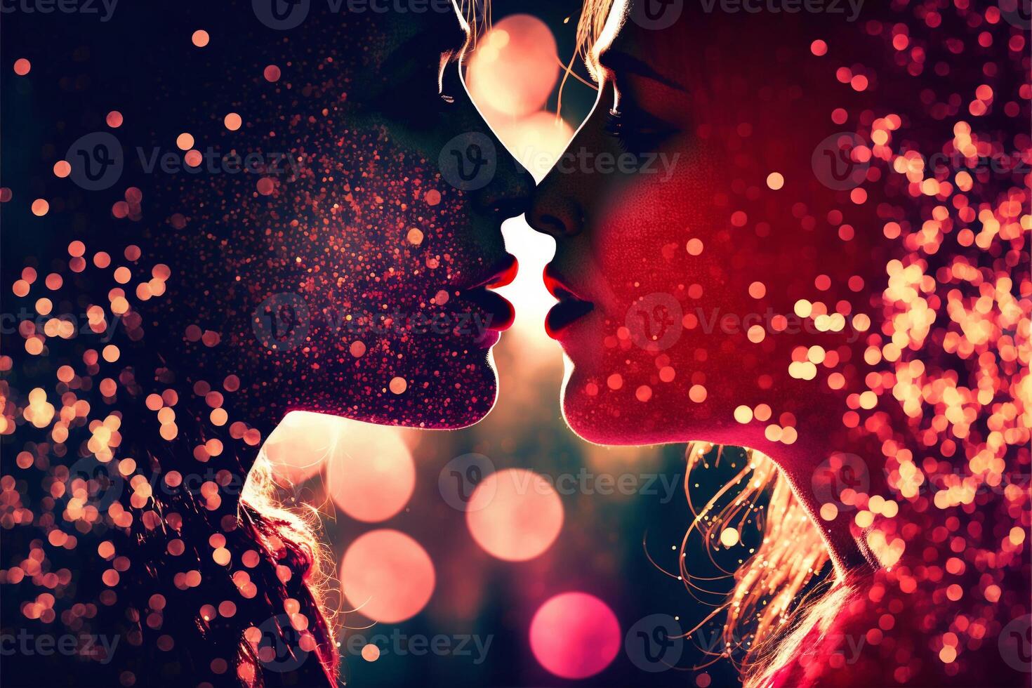 Two women are kissing. Beautiful light, bokeh effect. Valentine's Day, love. LGBT, lesbians couple, relationship. Diversity, homosexuality. . photo