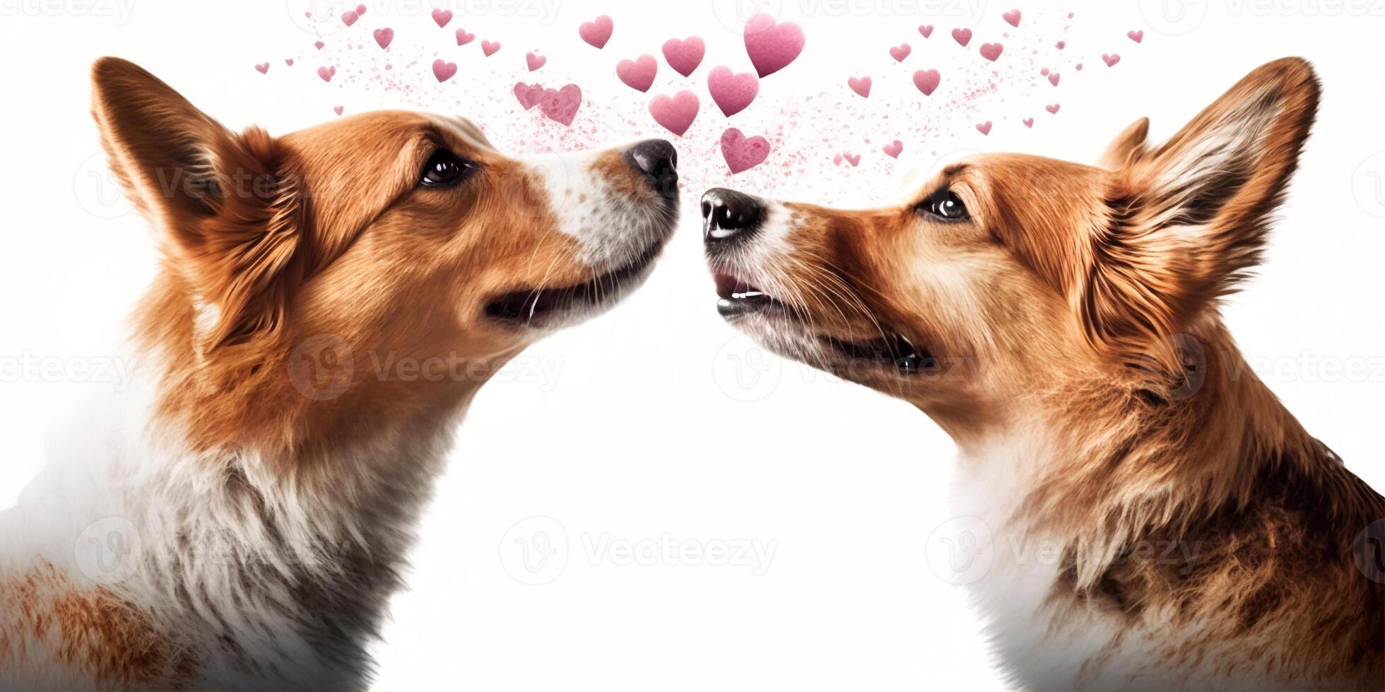 Two dogs and flying hearts. Valentine's Day, love. Couple, relationship. Postcard, greeting card design. . photo